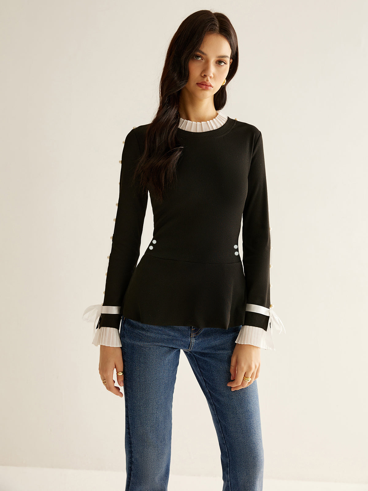 Pearl Decor Panel Pleated Blouse-Chicvia