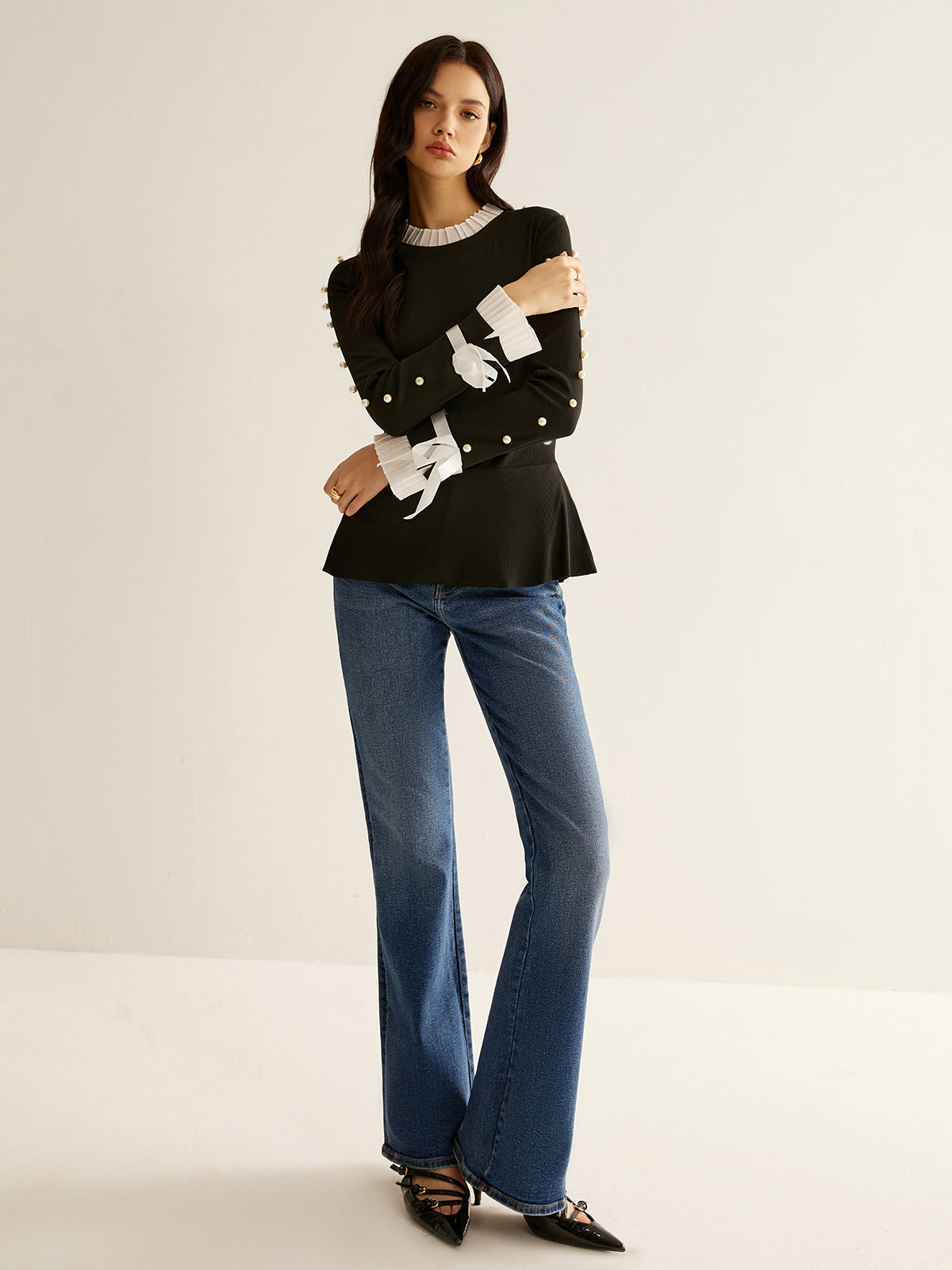 Pearl Decor Panel Pleated Blouse-Chicvia