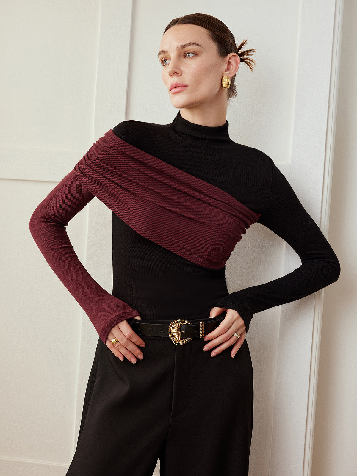 Color Block Pleated Jersey Slim Top-Chicvia