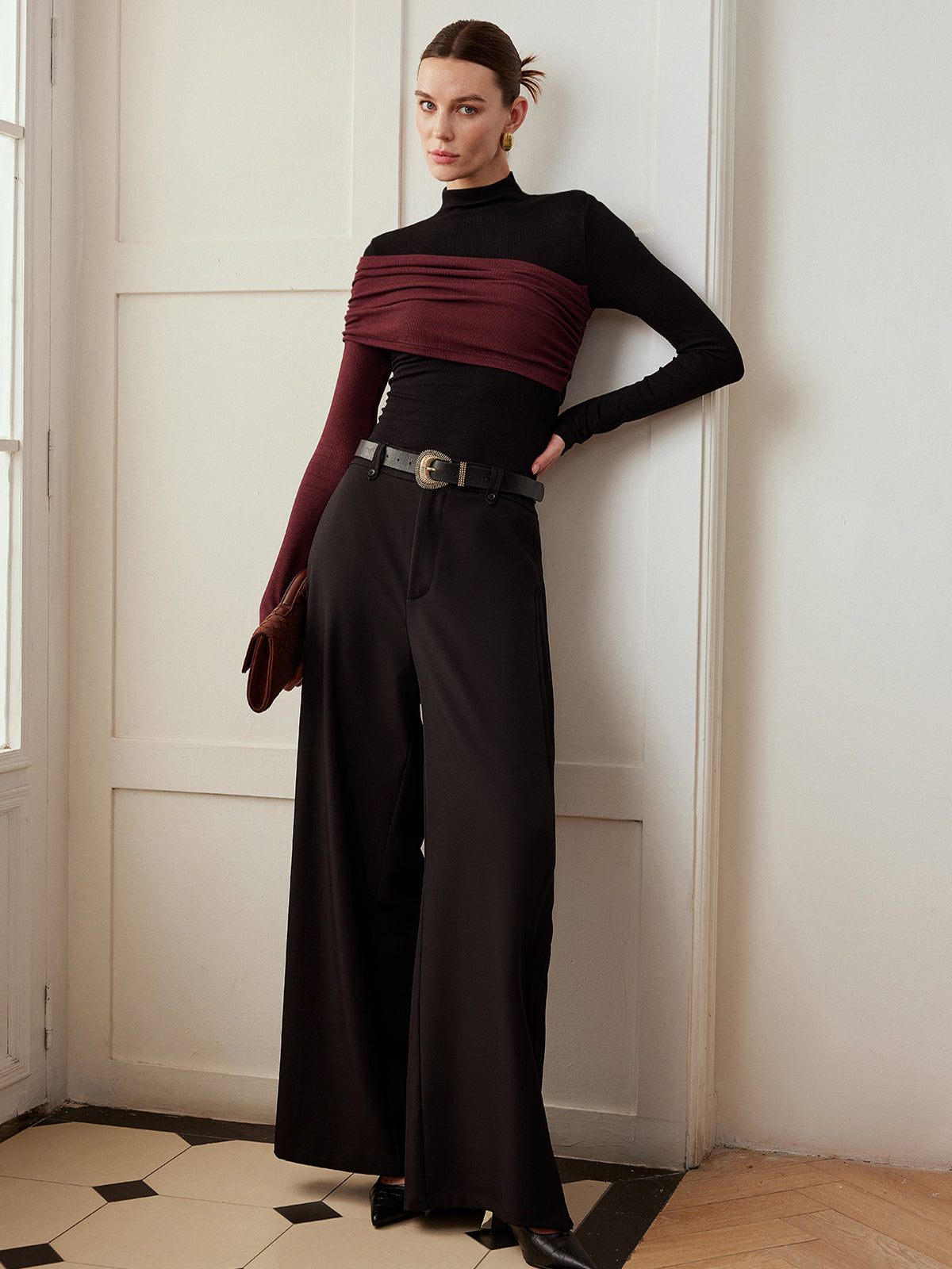 Color Block Pleated Jersey Slim Top-Chicvia