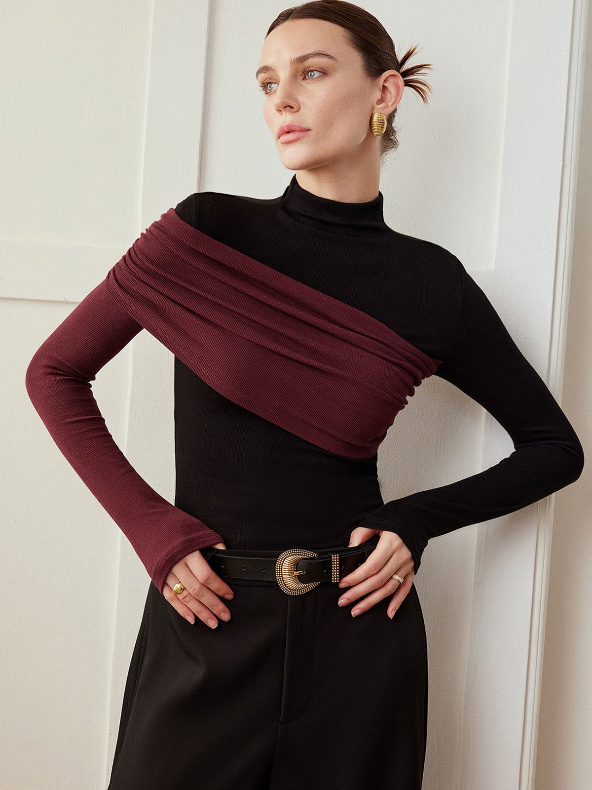 Color Block Pleated Jersey Slim Top-Chicvia