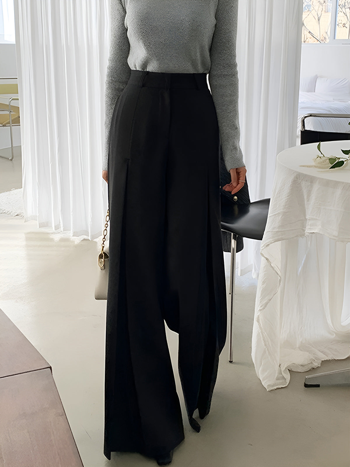 High-Waist Pleated Wide-Leg Pants-Chicvia