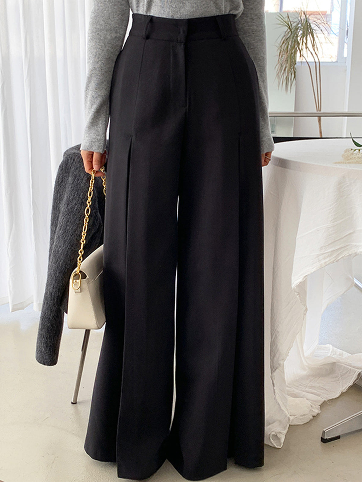 High-Waist Pleated Wide-Leg Pants-Chicvia