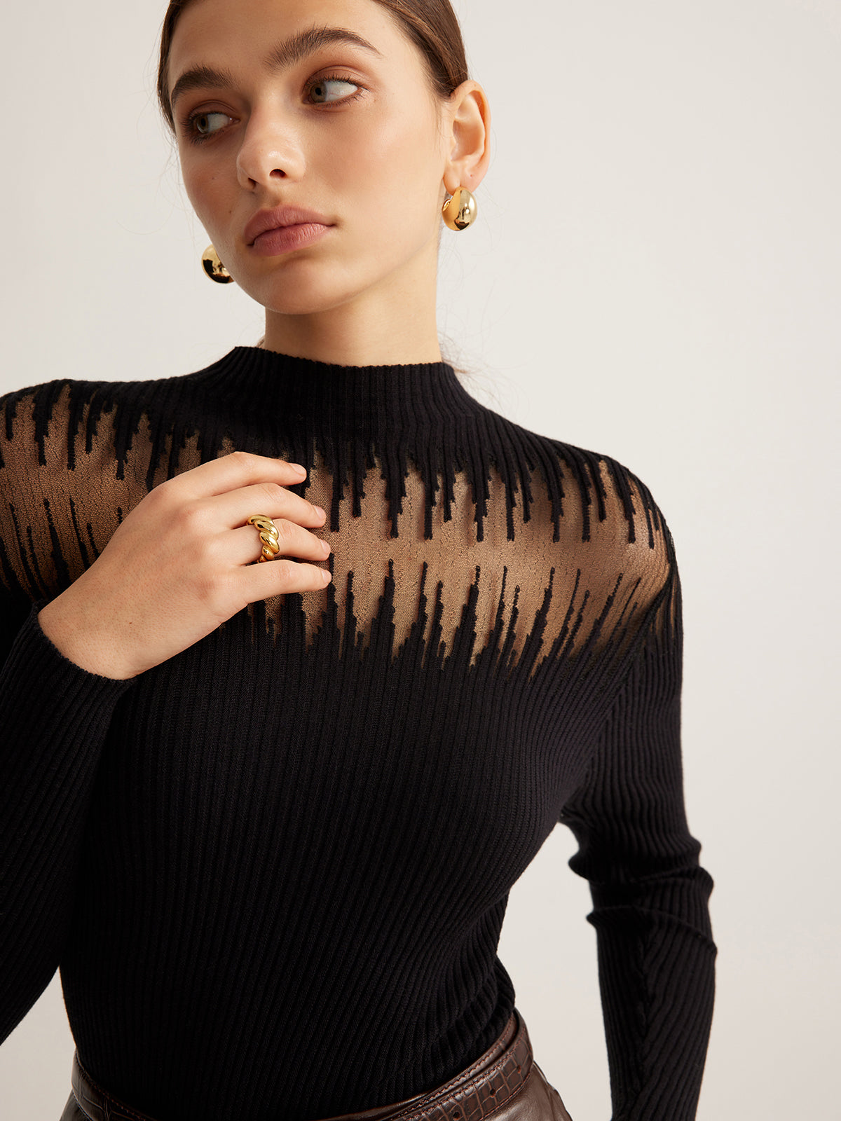 Mock Neck Sheer Panel Knit Top-Chicvia