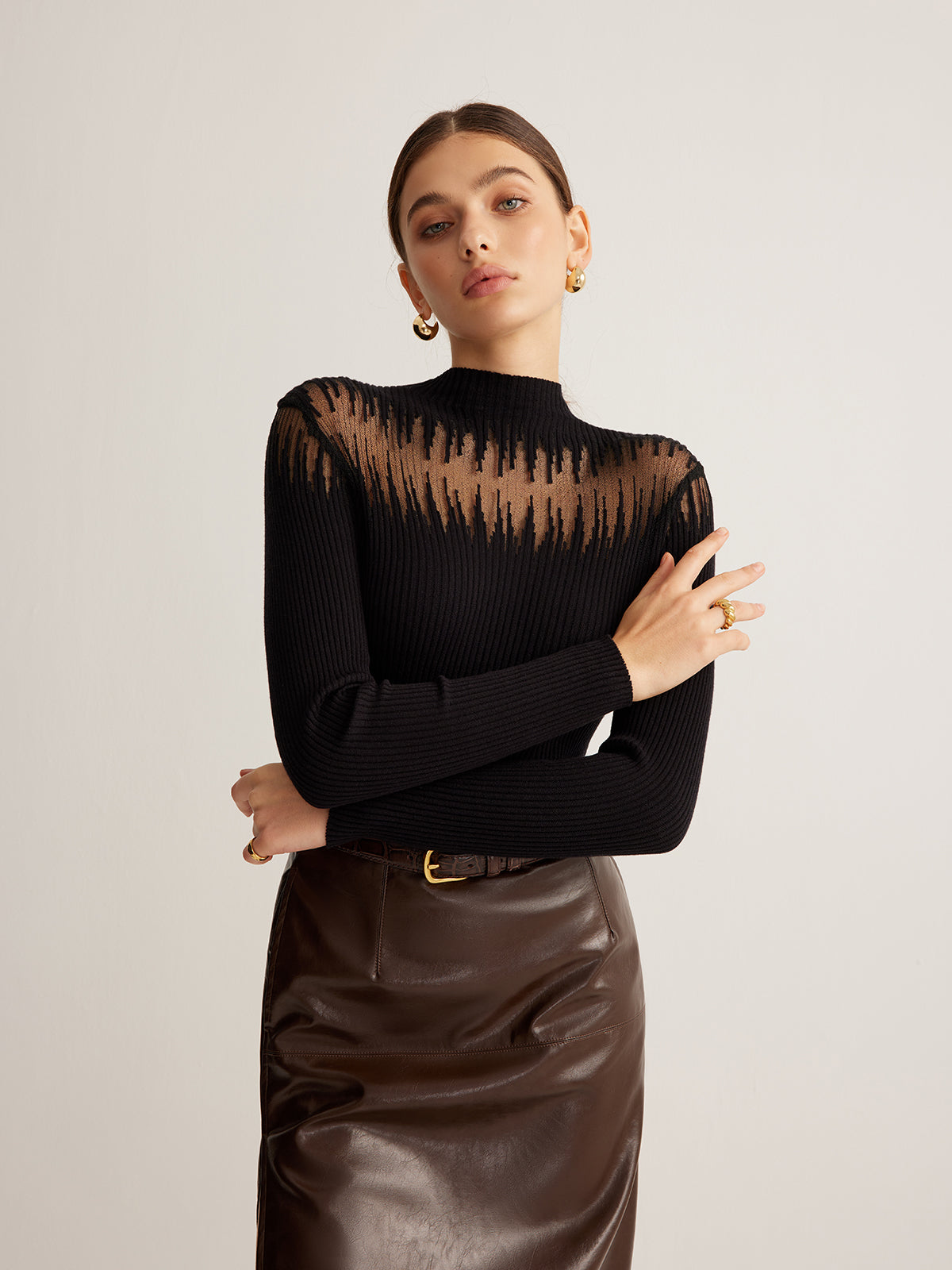 Mock Neck Sheer Panel Knit Top-Chicvia