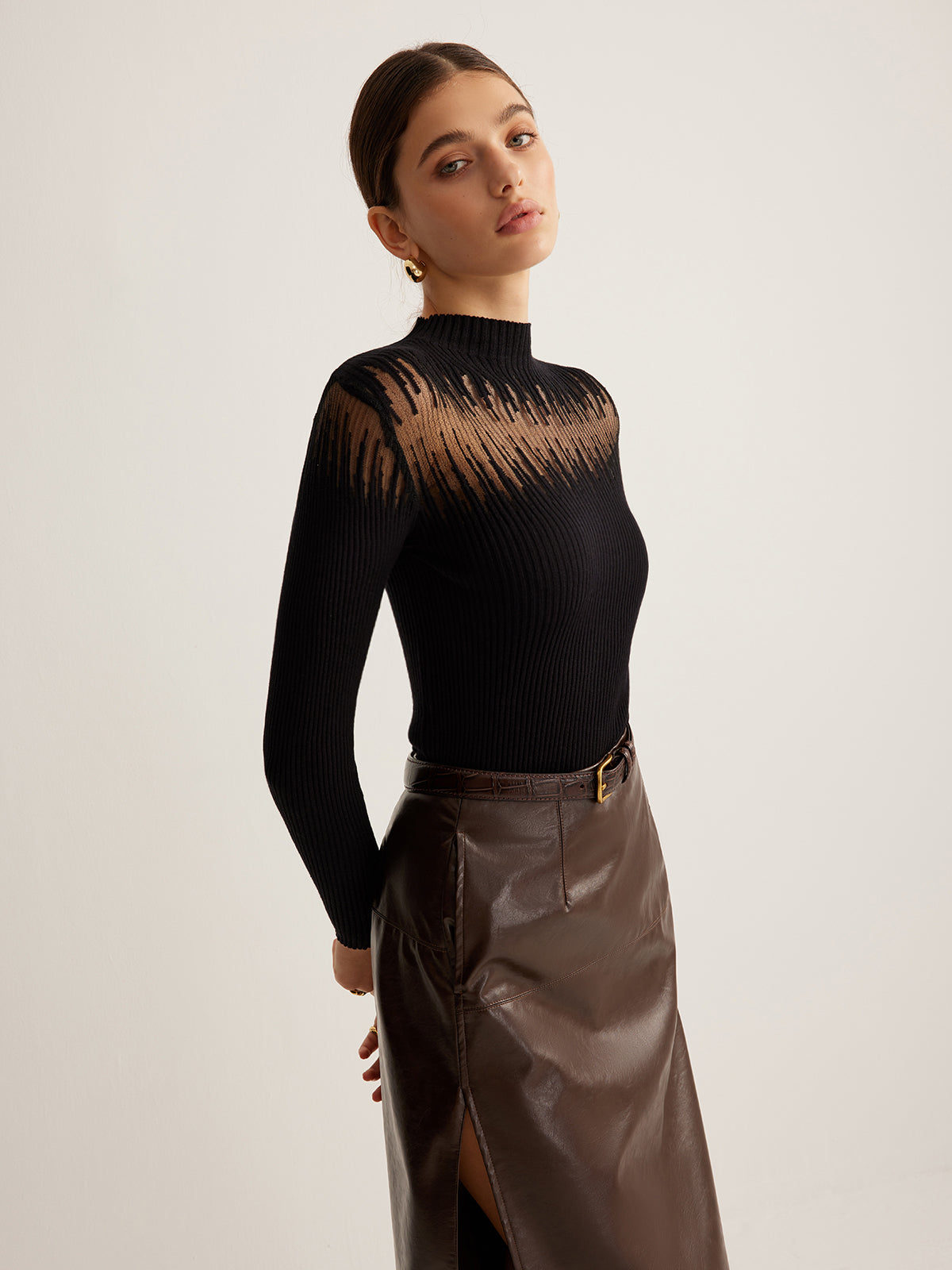 Mock Neck Sheer Panel Knit Top-Chicvia