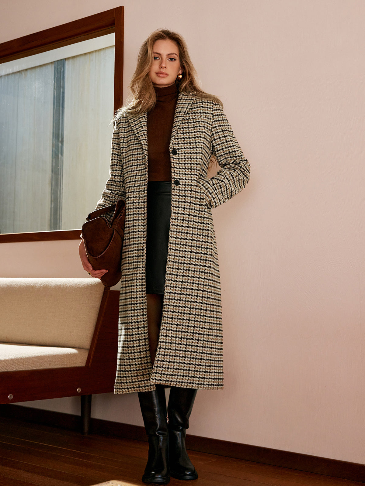 Checked Button Long Coat-Chicvia
