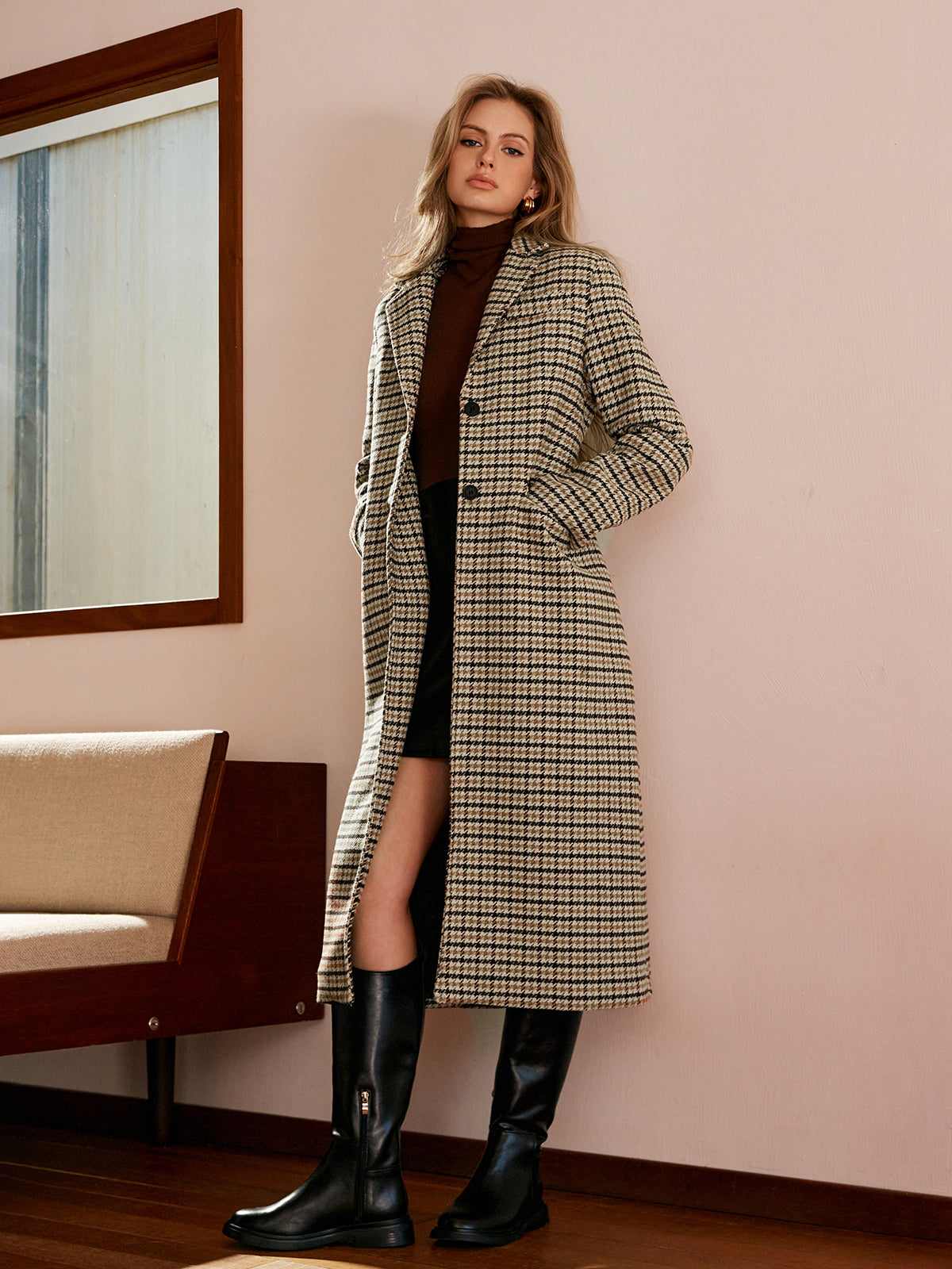 Checked Button Long Coat-Chicvia