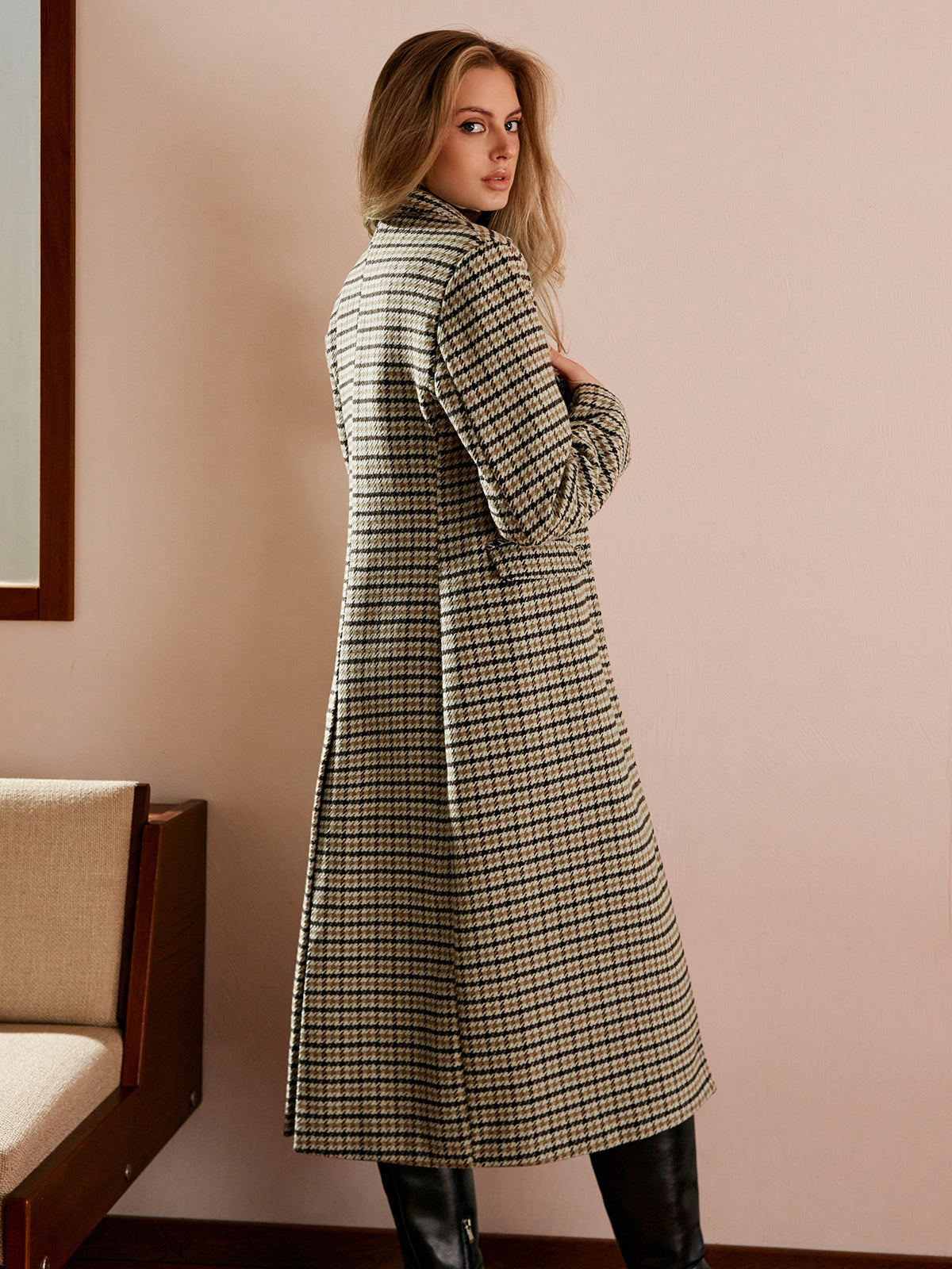 Checked Button Long Coat-Chicvia