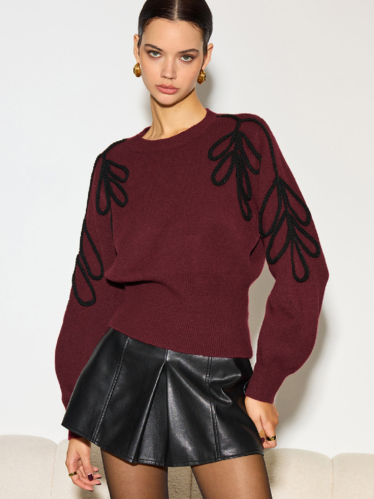 Jacquard Cinched Waist Knit Top-Chicvia