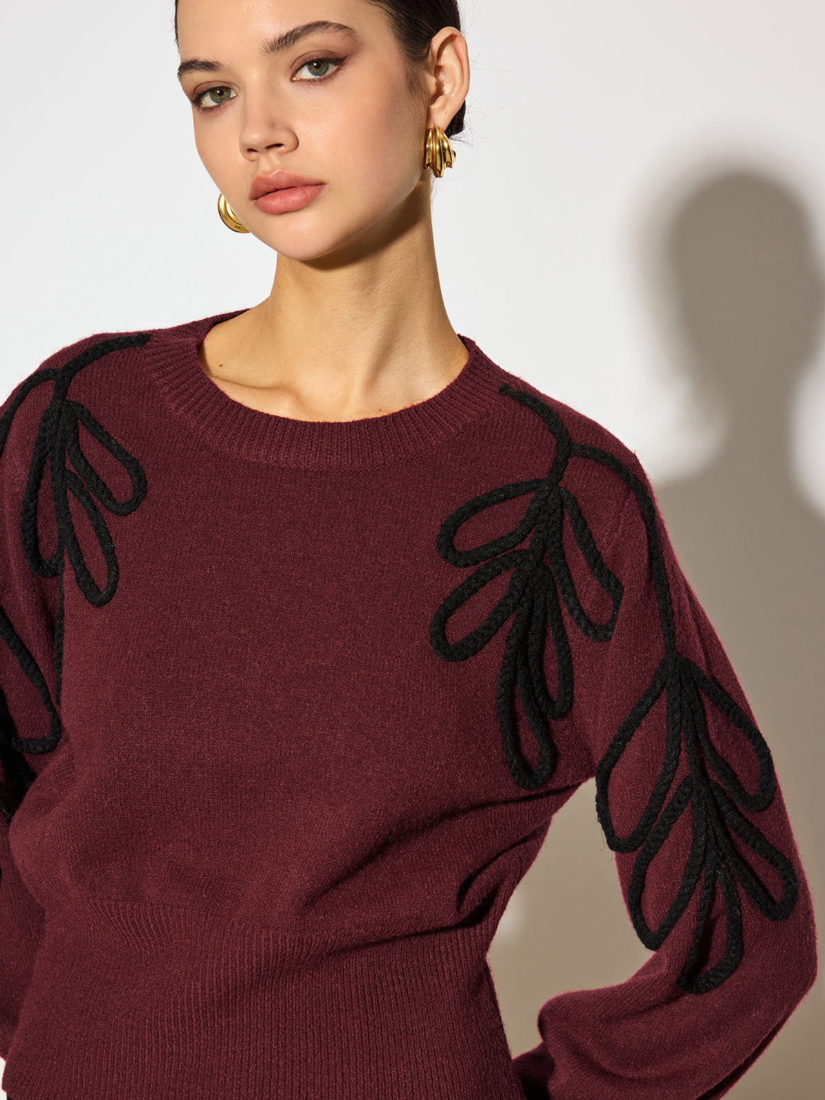 Jacquard Cinched Waist Knit Top-Chicvia