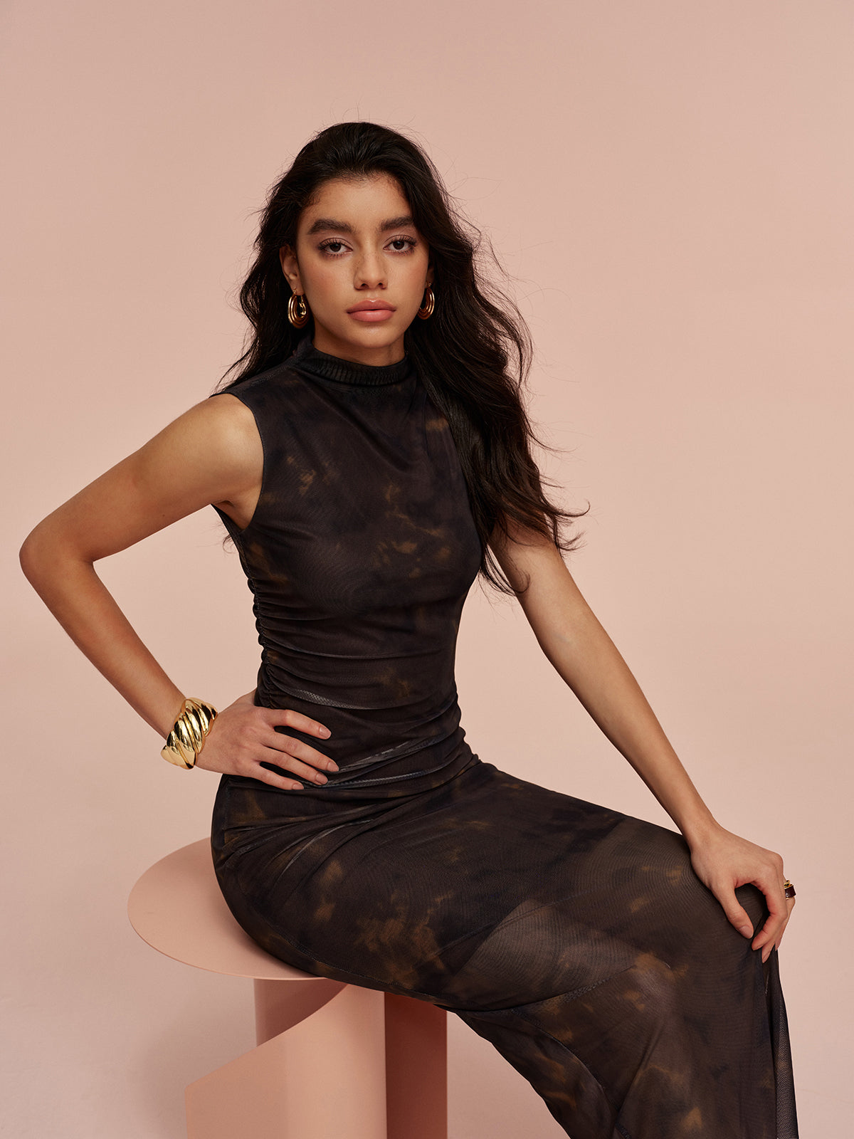 Jersey Lined Sleeveless Mesh Dress-Chicvia