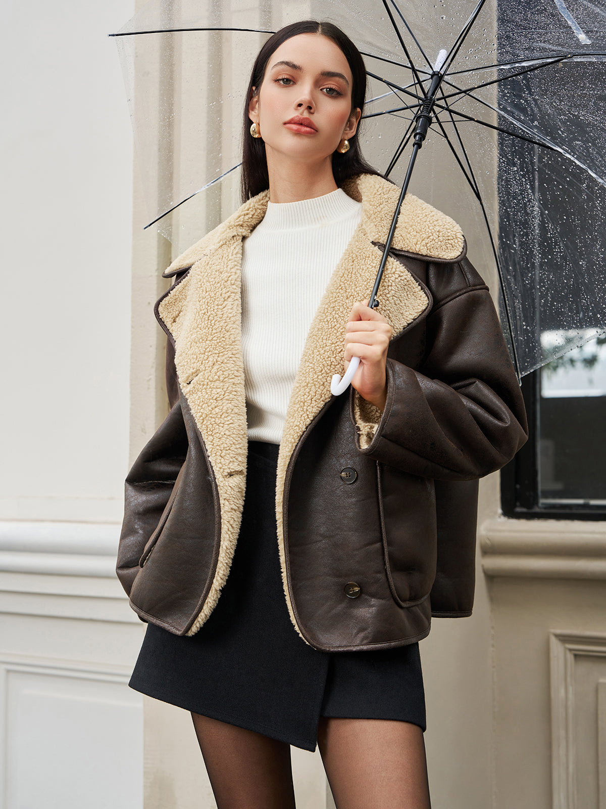 Fleecing Faux Leather Lapel Jacket-Chicvia