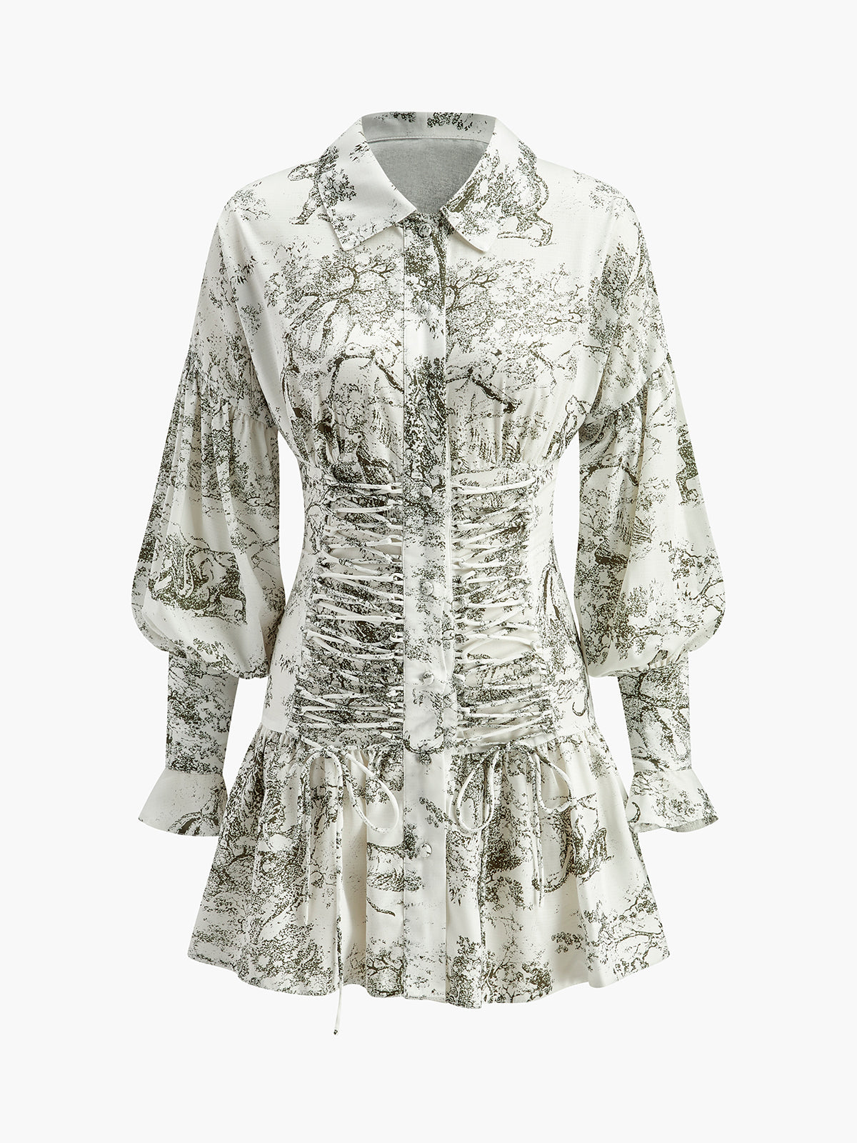 Drawstring Front Floral Puff Sleeve Dress-Chicvia