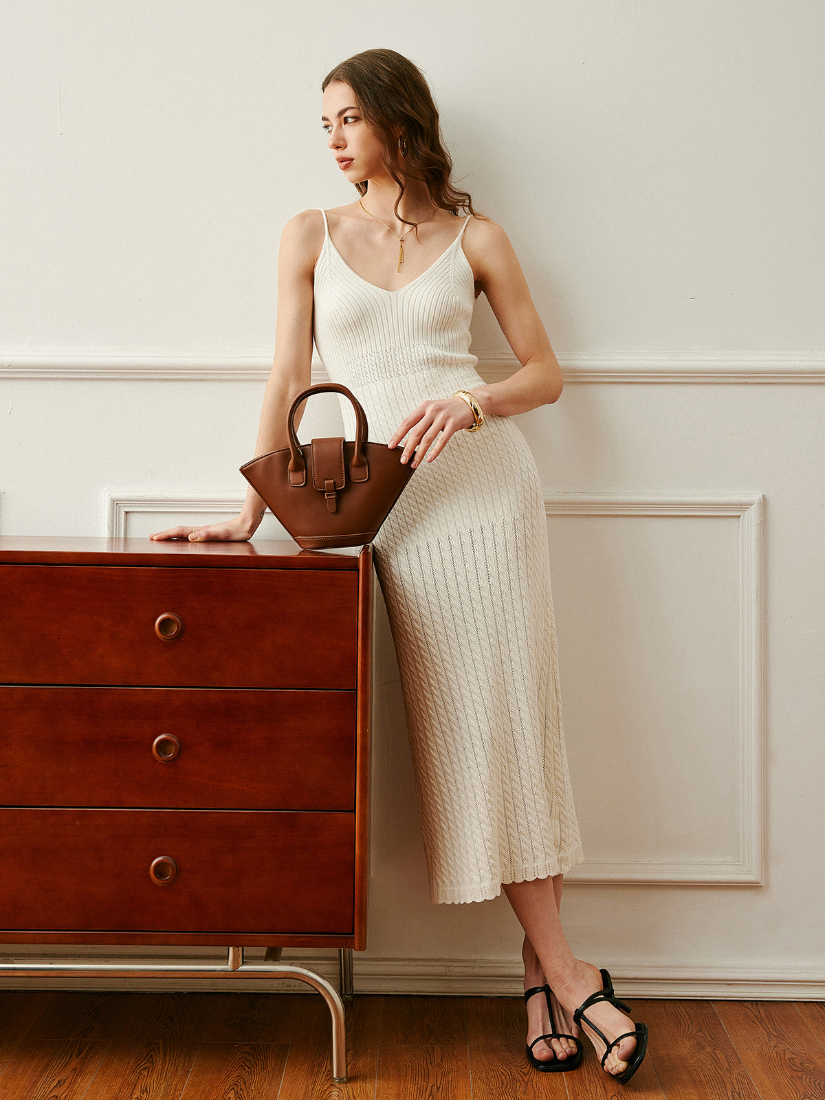 Ribbed Spaghetti Strap Knit Dress-Chicvia