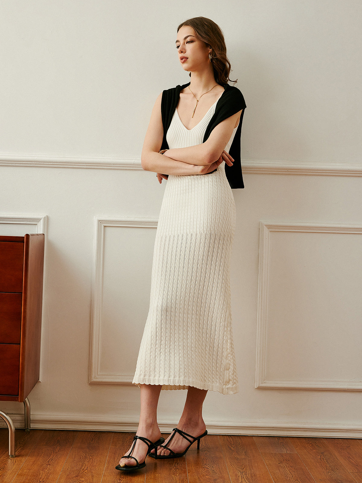 Ribbed Spaghetti Strap Knit Dress-Chicvia