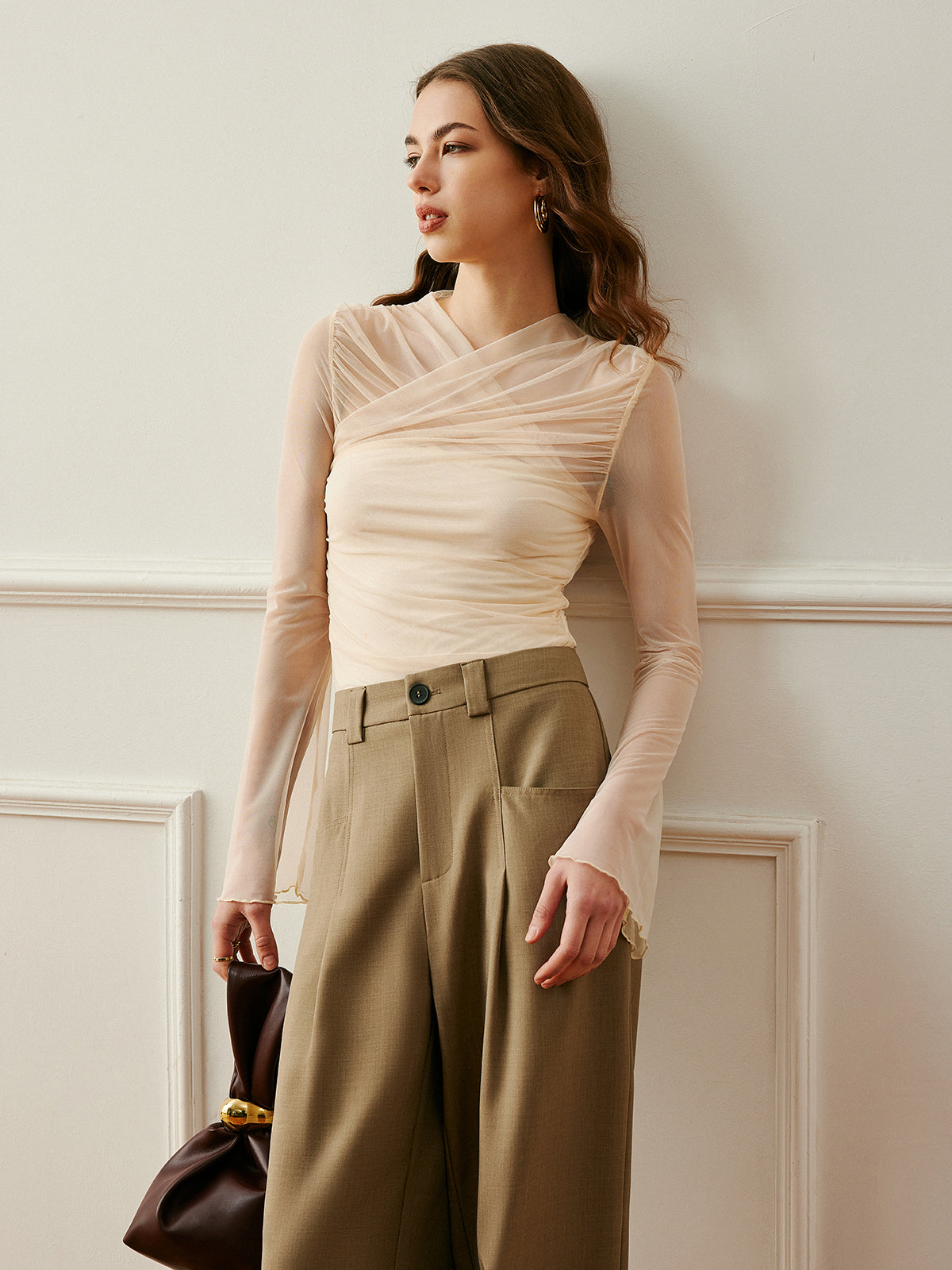 Cross-Wrap Semi-Sheer Top-Chicvia