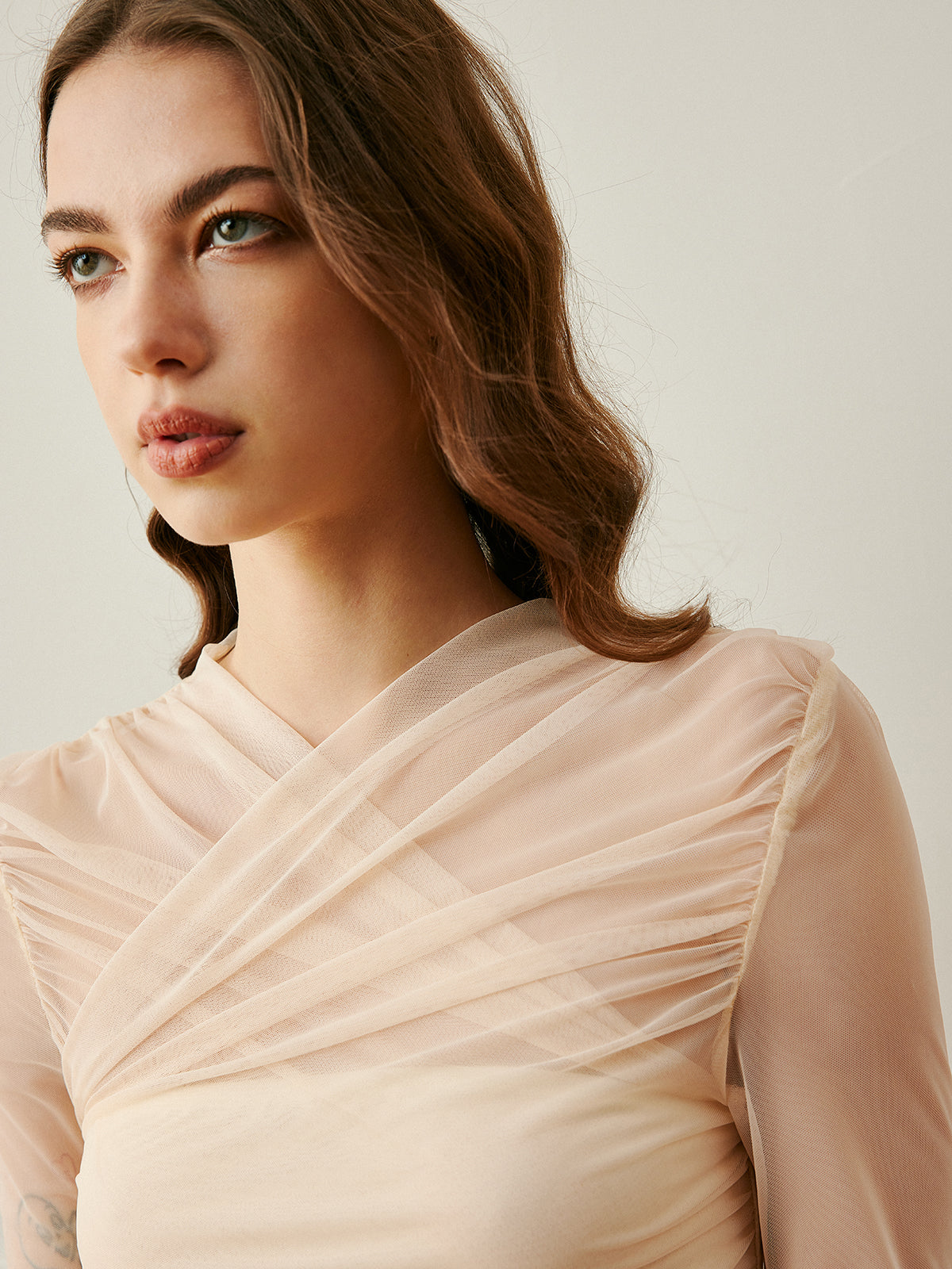 Cross-Wrap Semi-Sheer Top-Chicvia