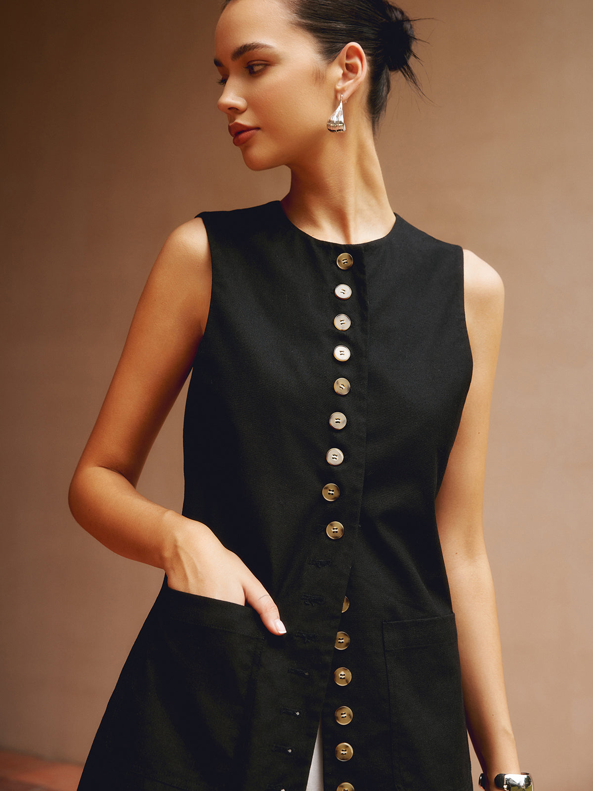 Cotton & Linen Button-Front Vest-Chicvia