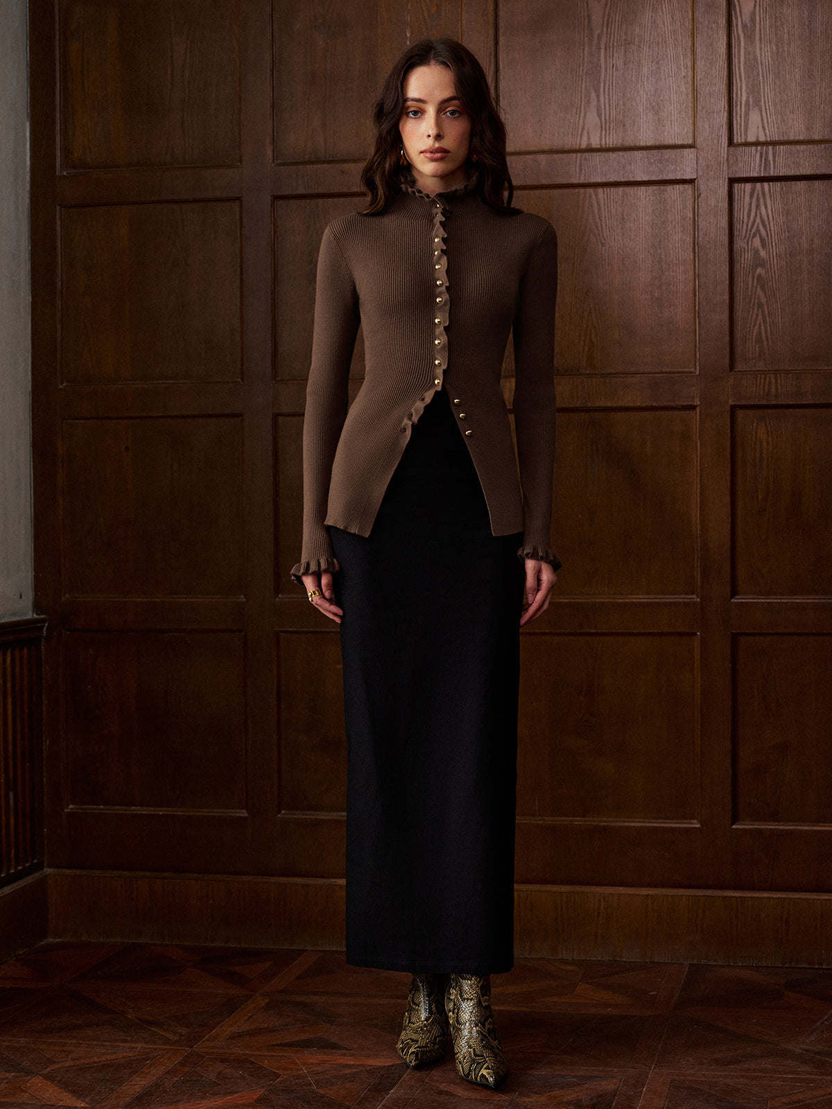 Lettuce Trim Metal-Button Split Cardigan-Chicvia