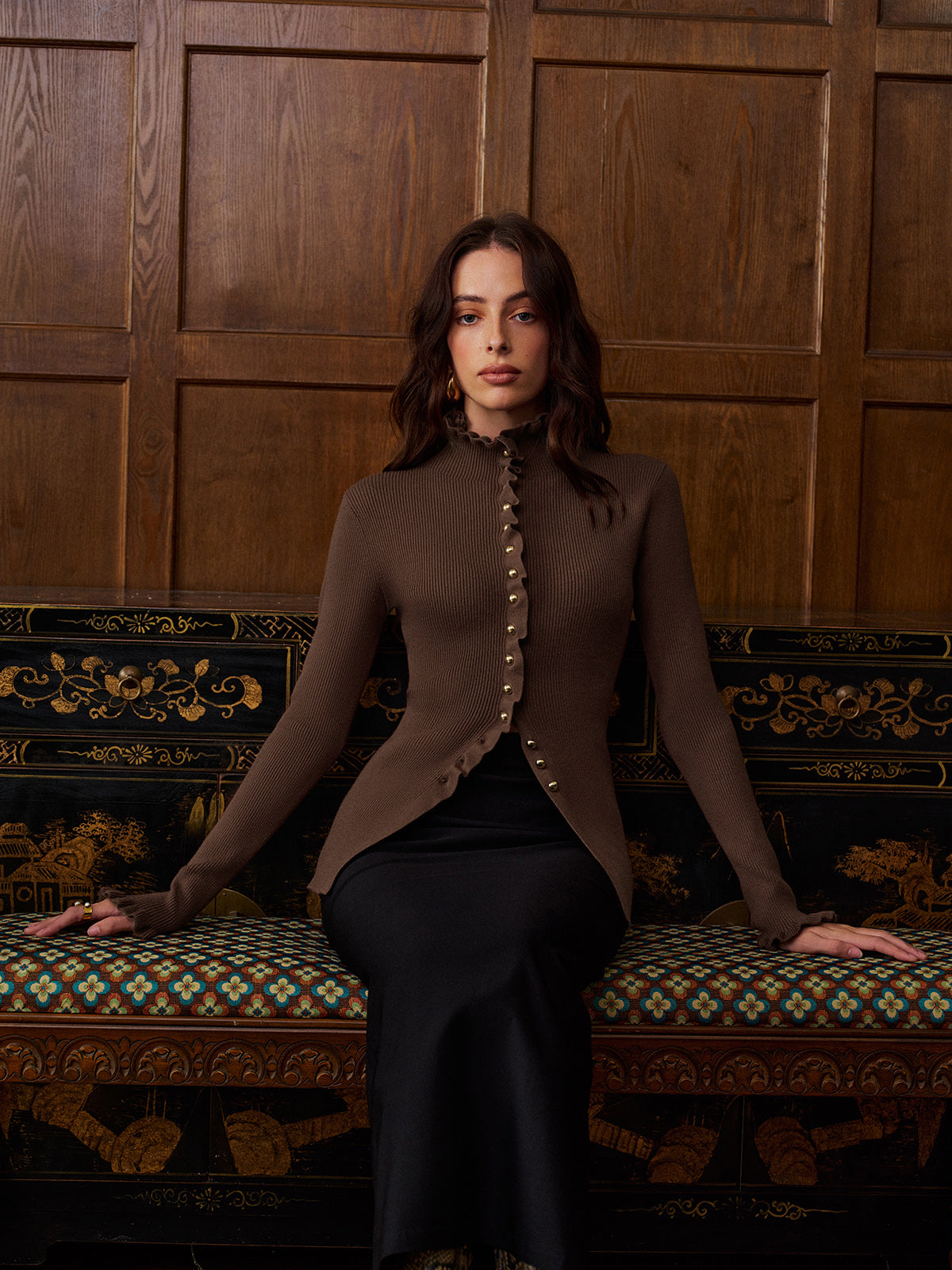 Lettuce Trim Metal-Button Split Cardigan-Chicvia