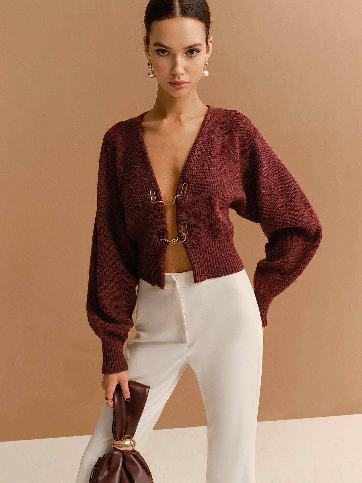 Leg-Of-Mutton Sleeve Metal-Detail Short Cardigan-Chicvia