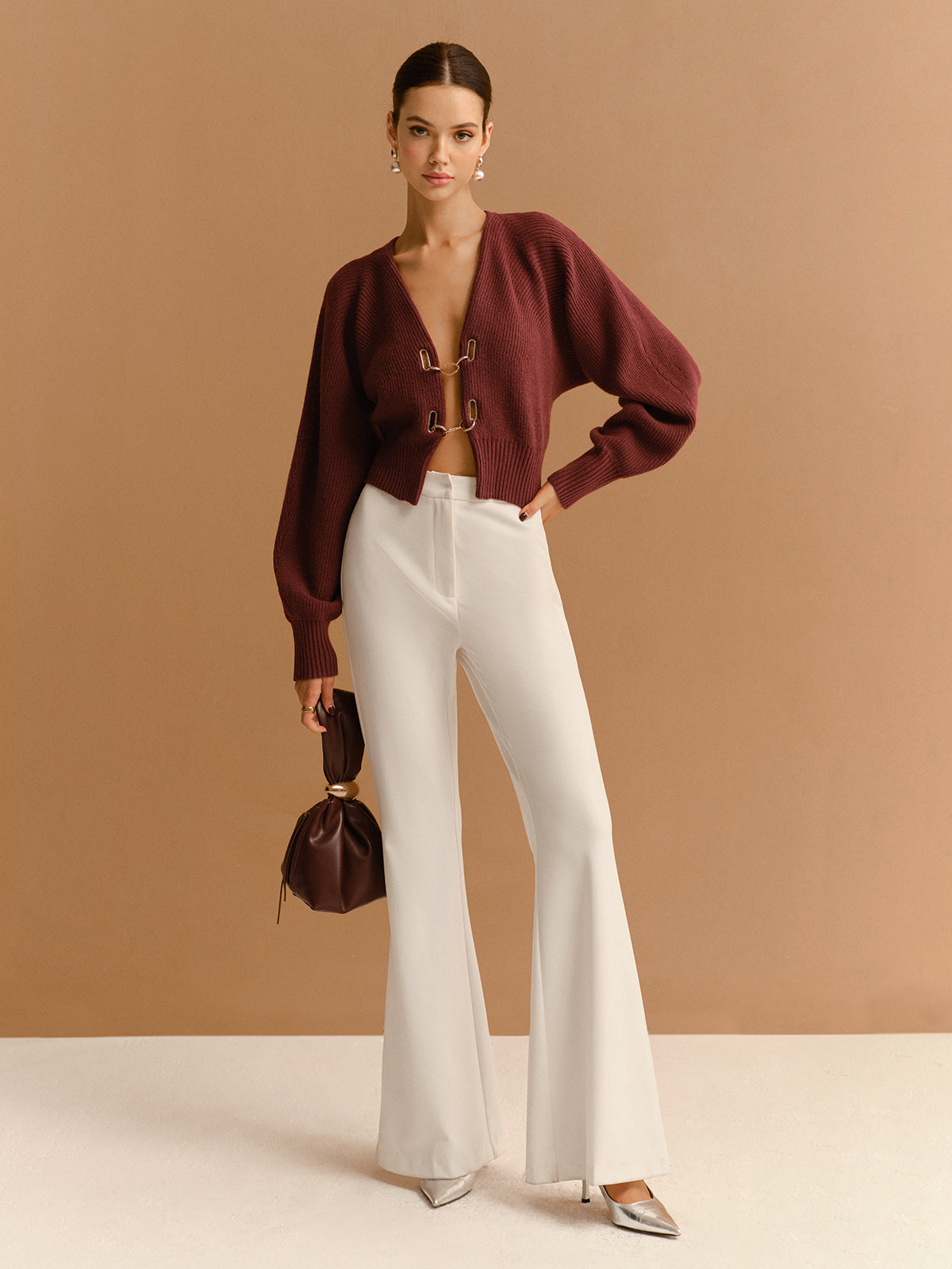 Leg-Of-Mutton Sleeve Metal-Detail Short Cardigan-Chicvia