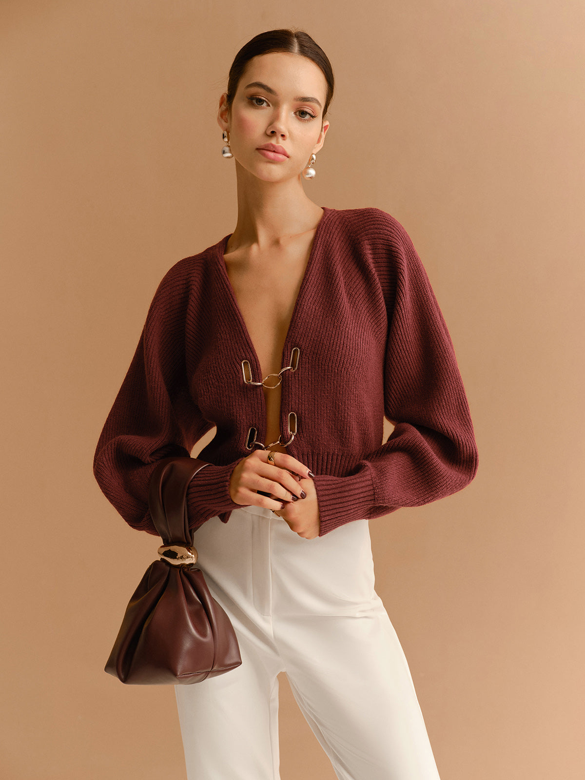 Leg-Of-Mutton Sleeve Metal-Detail Short Cardigan-Chicvia