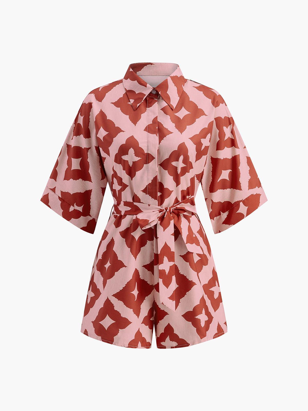 Floral Print Shirt Jumpsuit-Chicvia