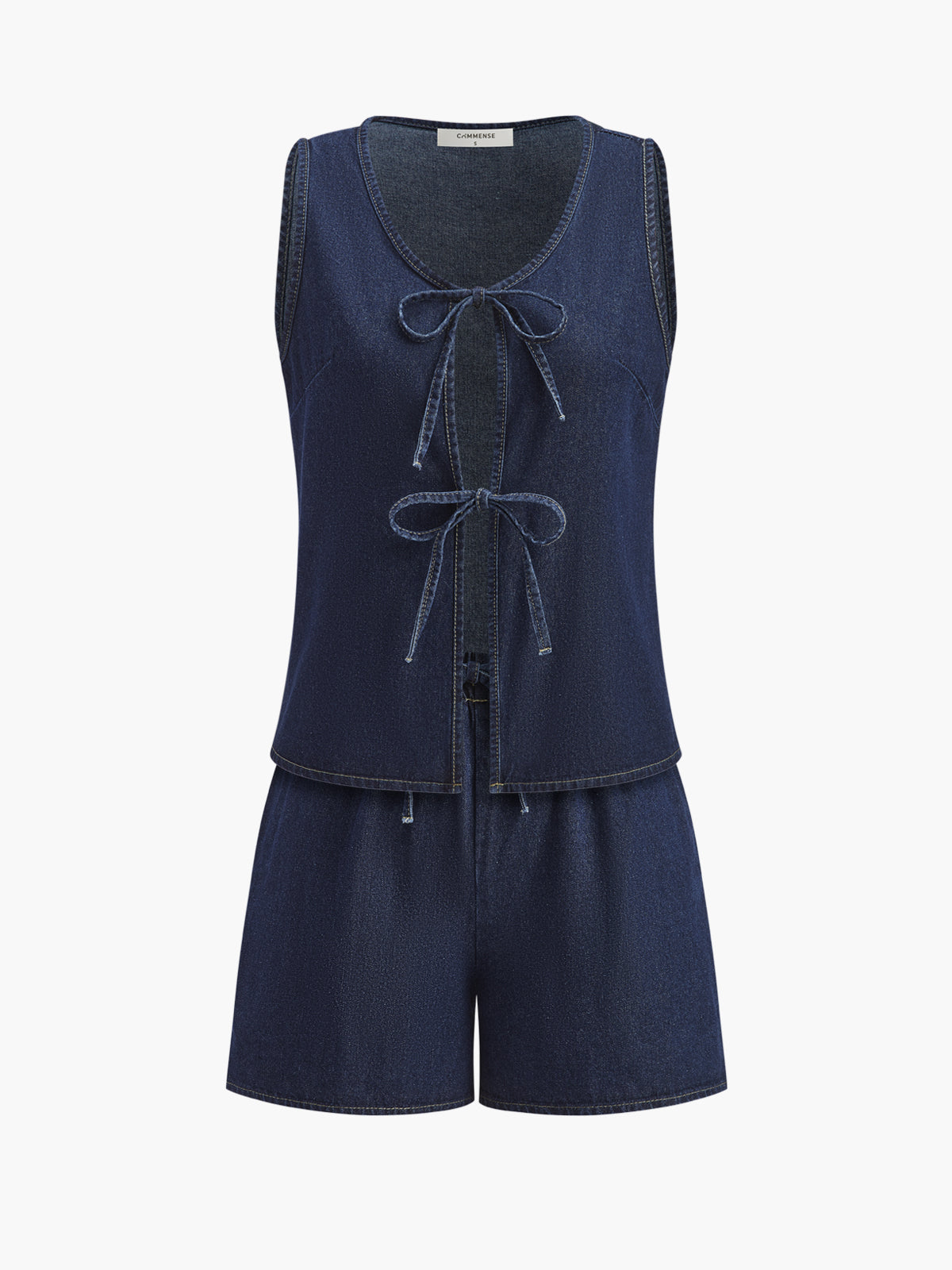 Denim Tie Front Shorts Set-Chicvia