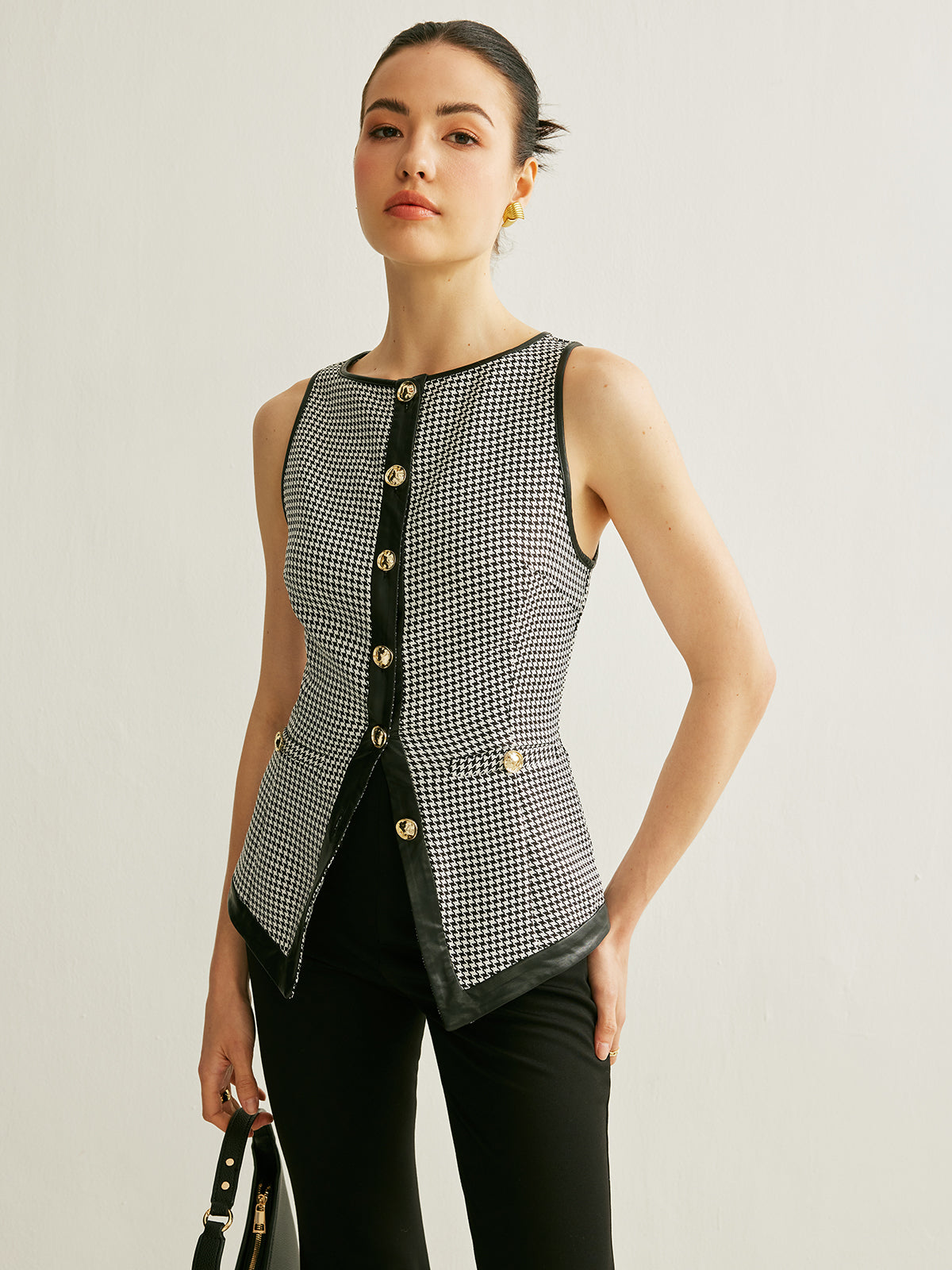 Houndstooth Button Contrast Trim Vest-Chicvia