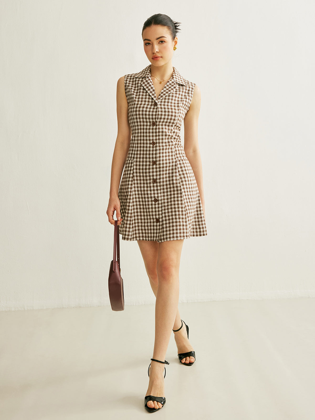Checkerboard Pockets Tied Back Dress-Chicvia