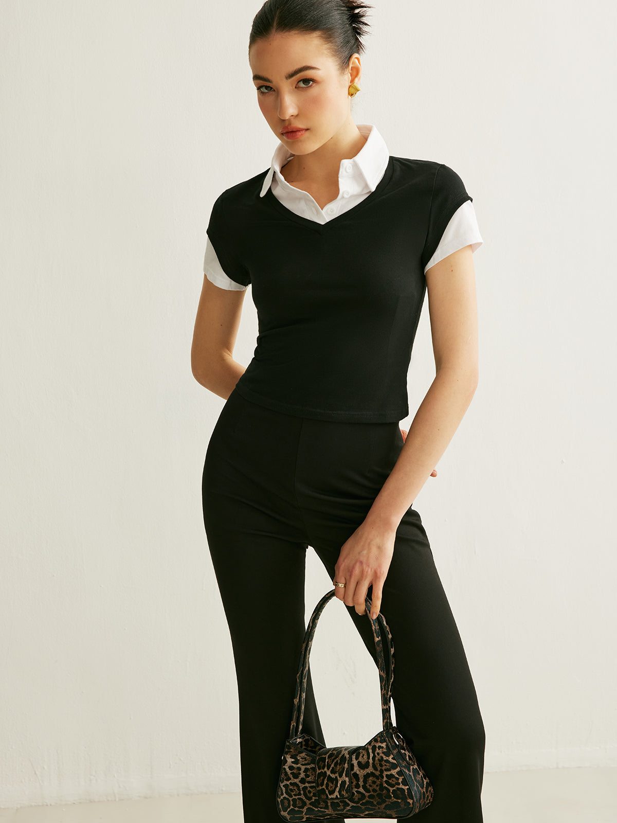 Polo Neck Color Block T-Shirt-Chicvia