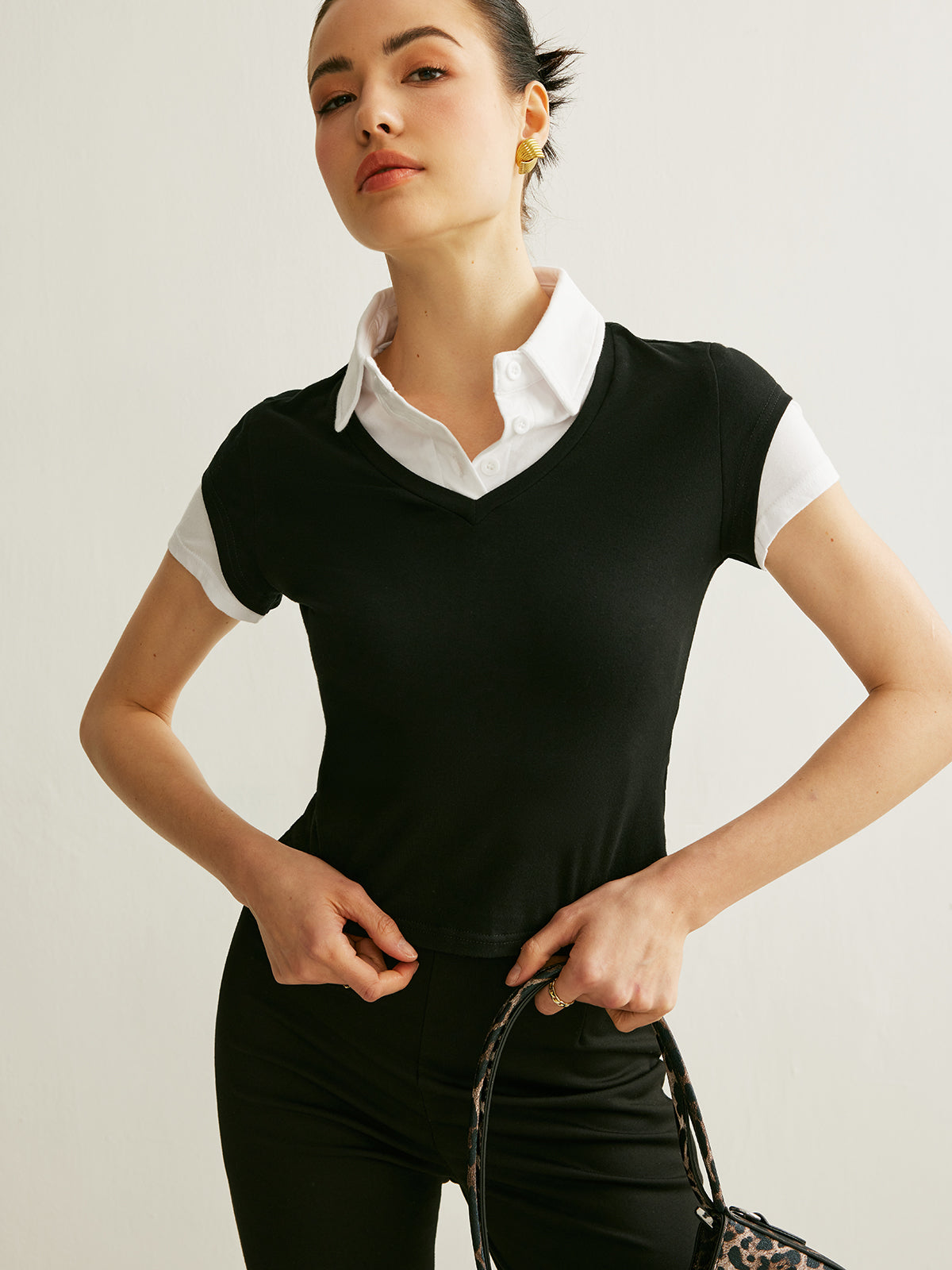 Polo Neck Color Block T-Shirt-Chicvia