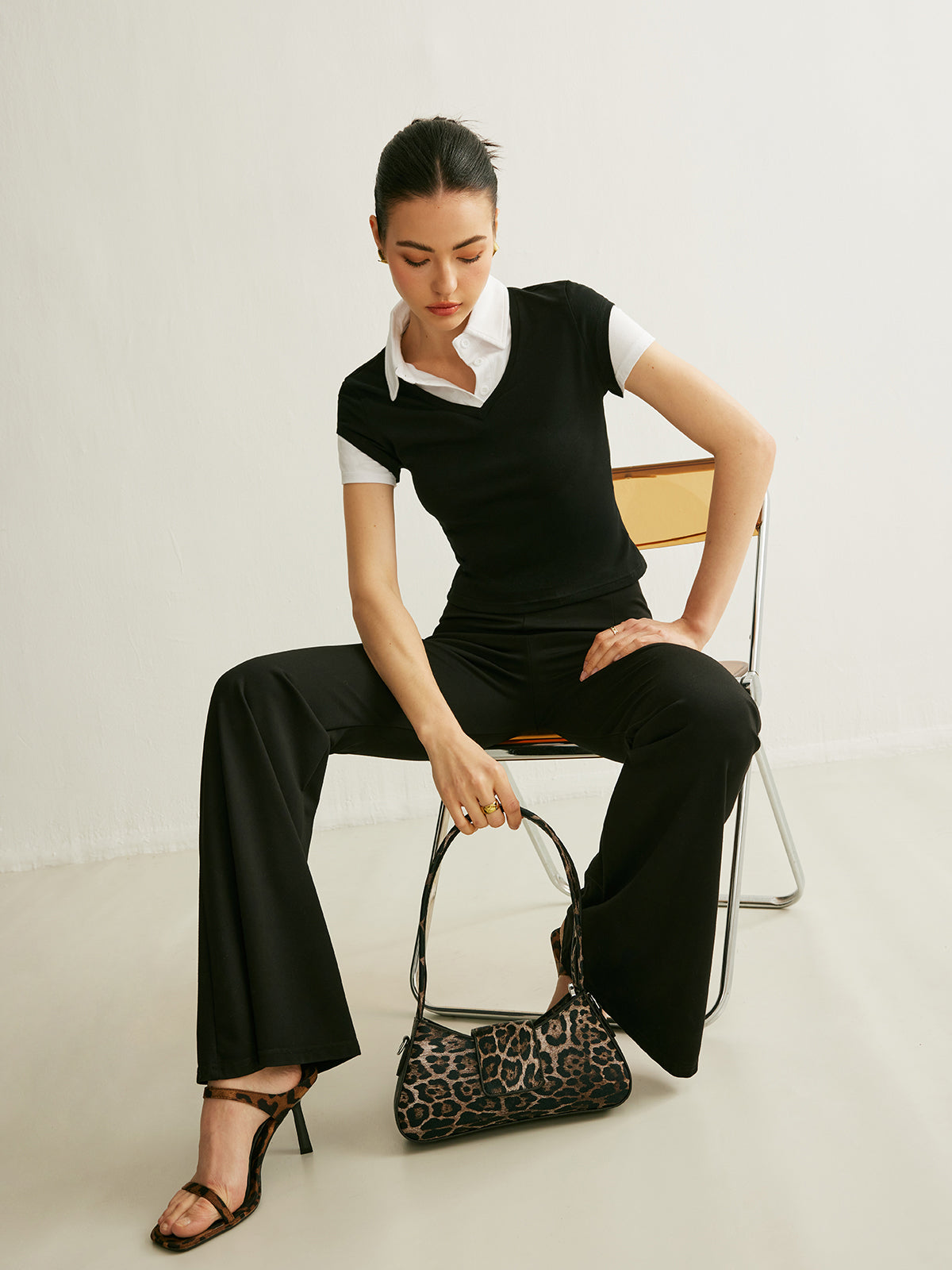 Polo Neck Color Block T-Shirt-Chicvia