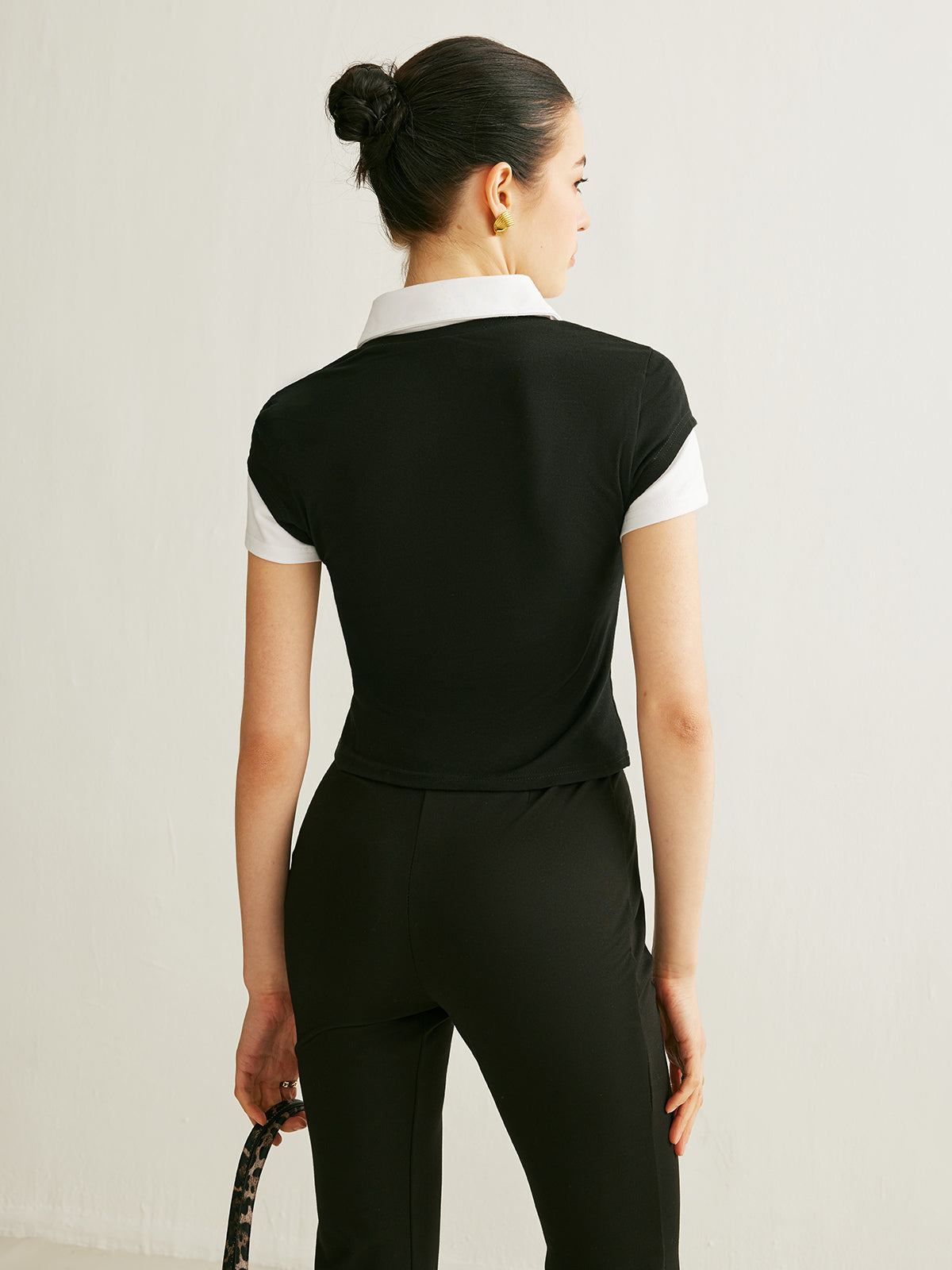 Polo Neck Color Block T-Shirt-Chicvia