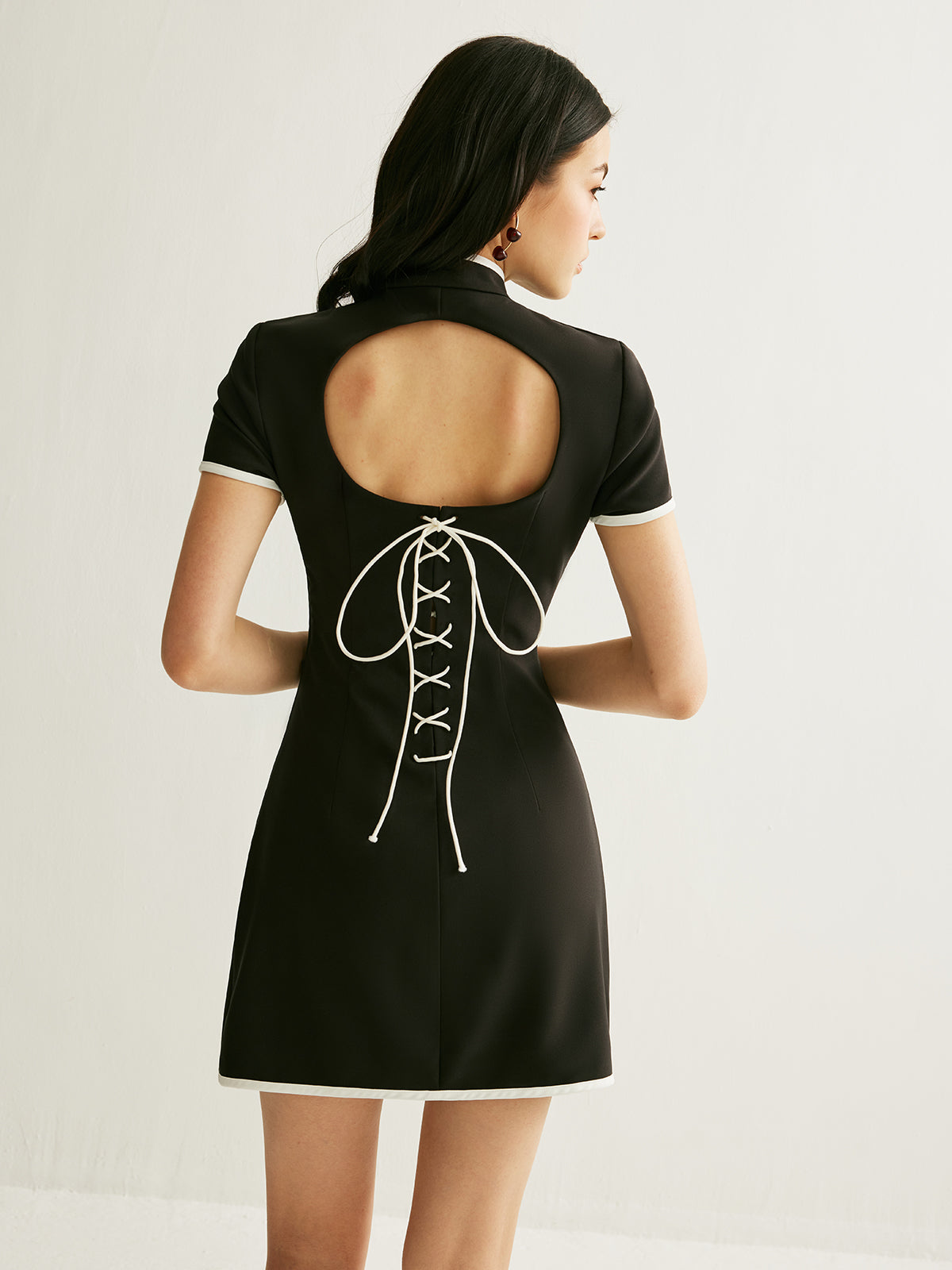 Color block Cut out Drawstring Dress-Chicvia