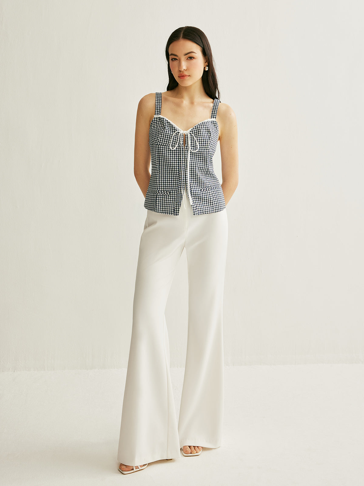 Plaid Tie-Front Sleeveless Top-Chicvia