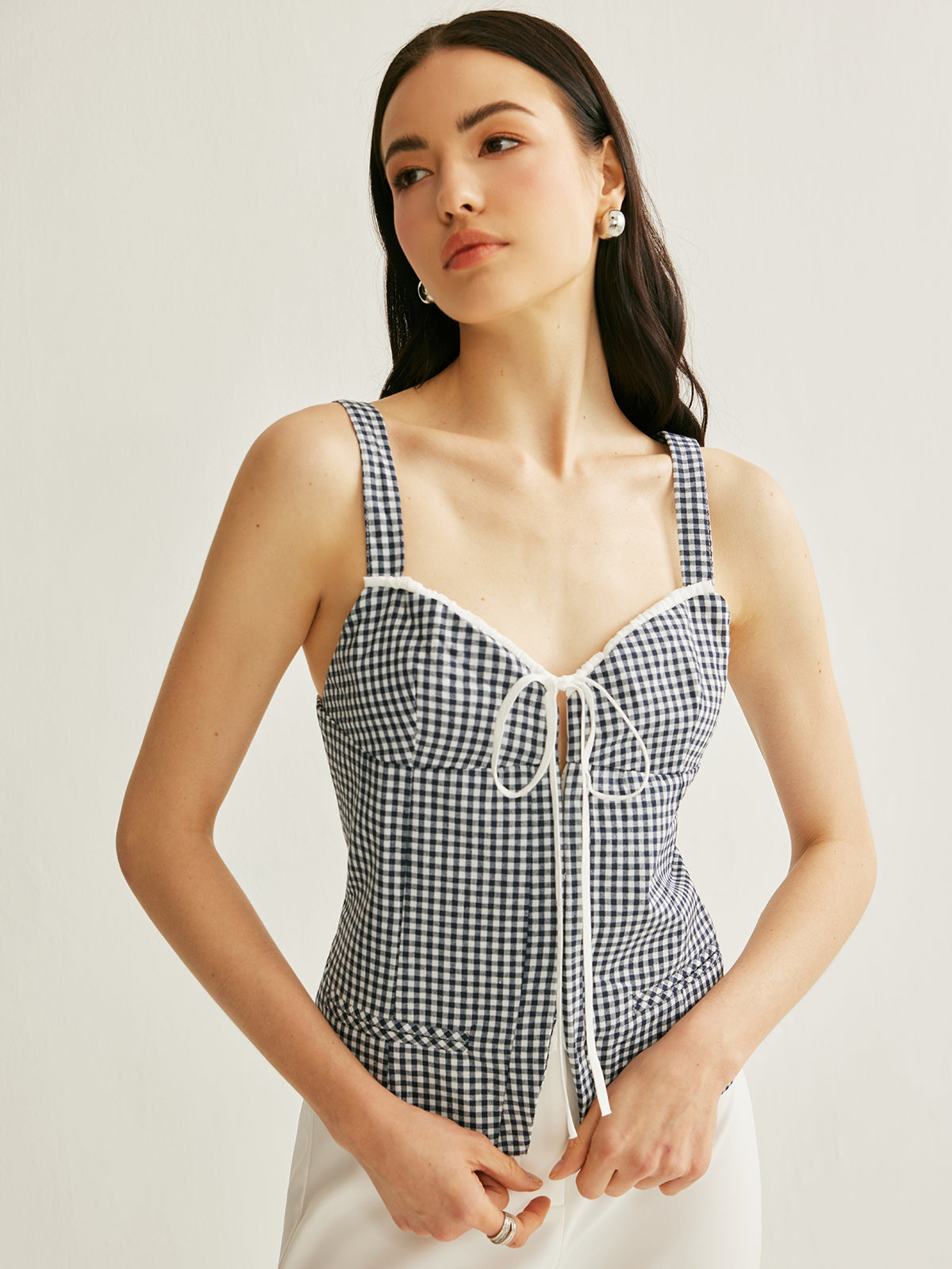 Plaid Tie-Front Sleeveless Top-Chicvia