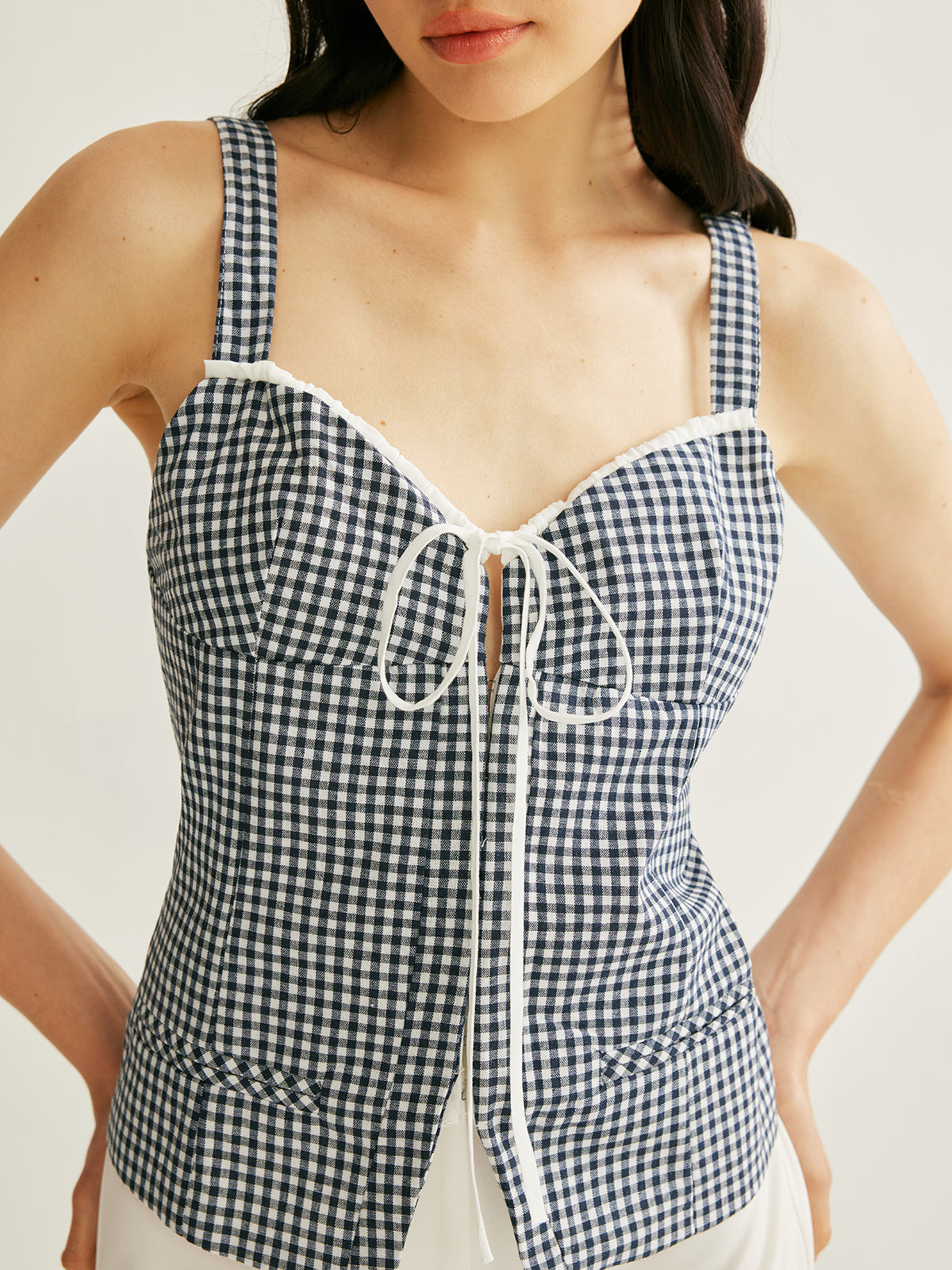 Plaid Tie-Front Sleeveless Top-Chicvia