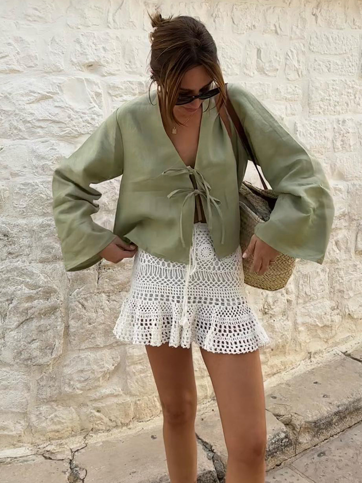 Oversized Long Tie-Front Sleeve Blouse-Chicvia