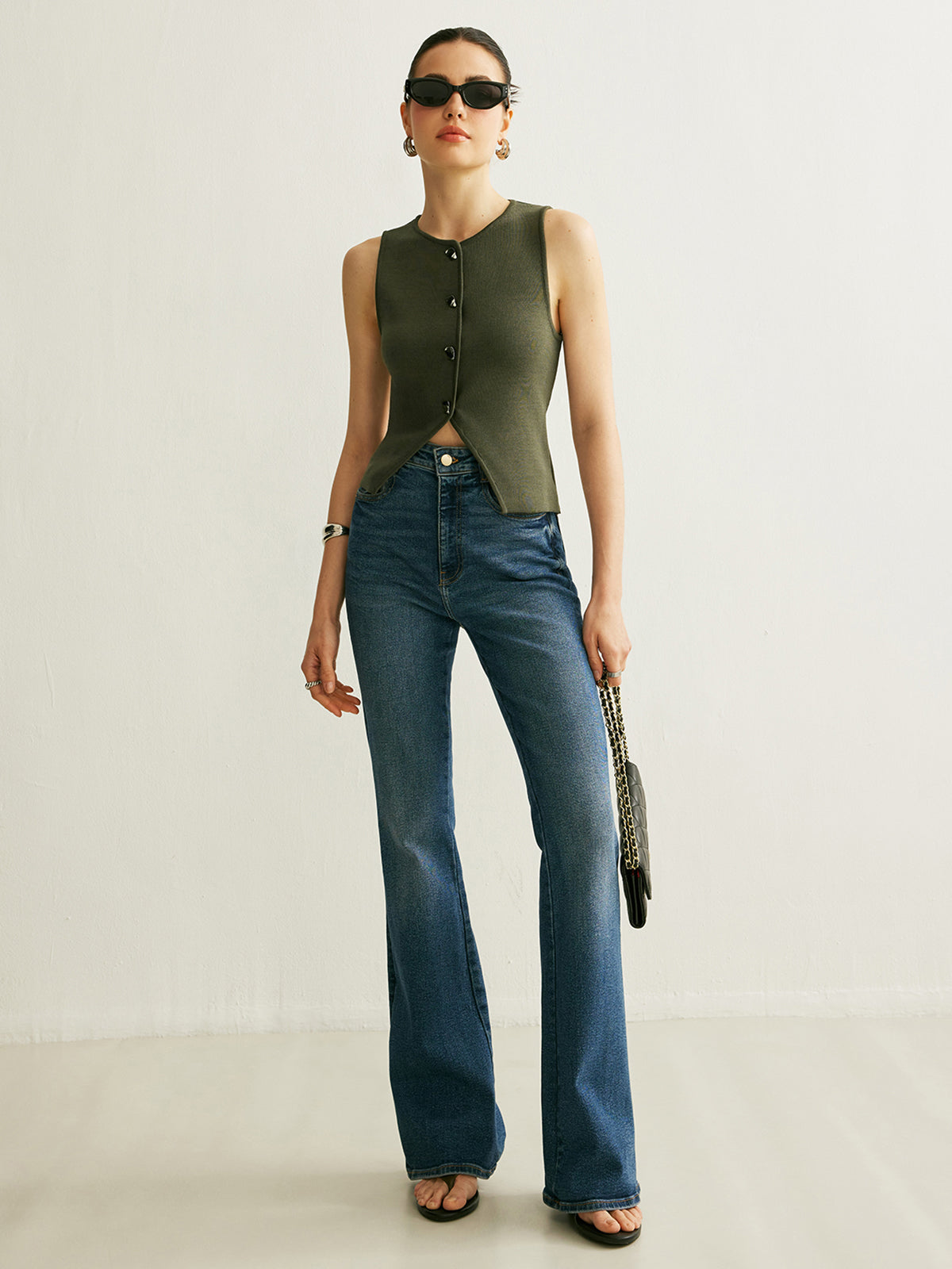 Button Detail Knit Vest-Chicvia