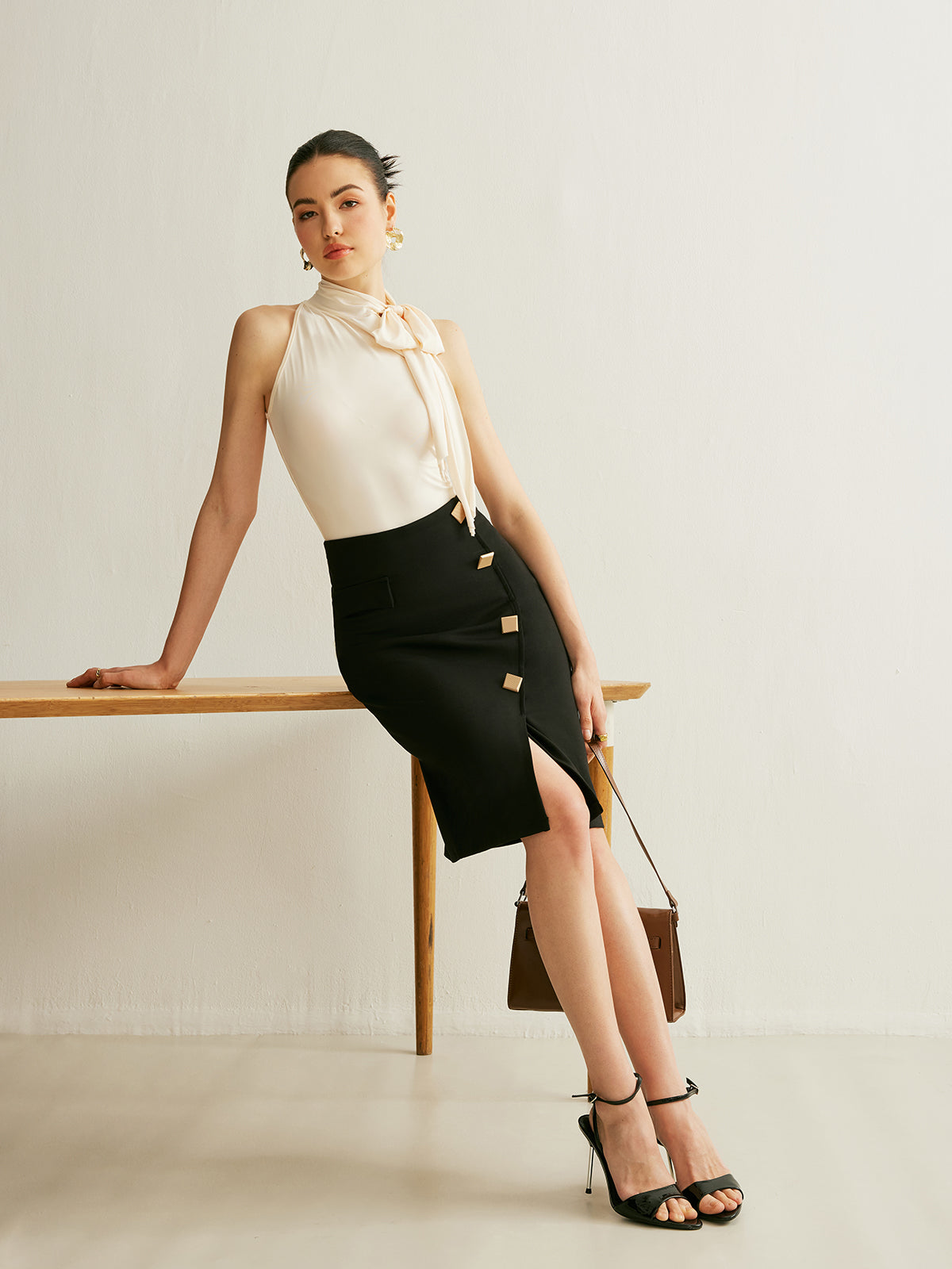 High-Waisted Side Button Skirt-Chicvia