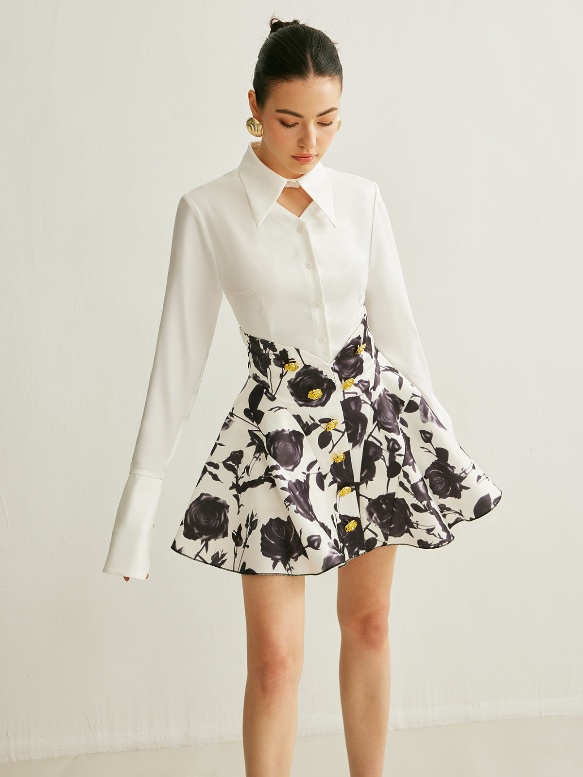 Floral Print Button-Detail Skirt-Chicvia