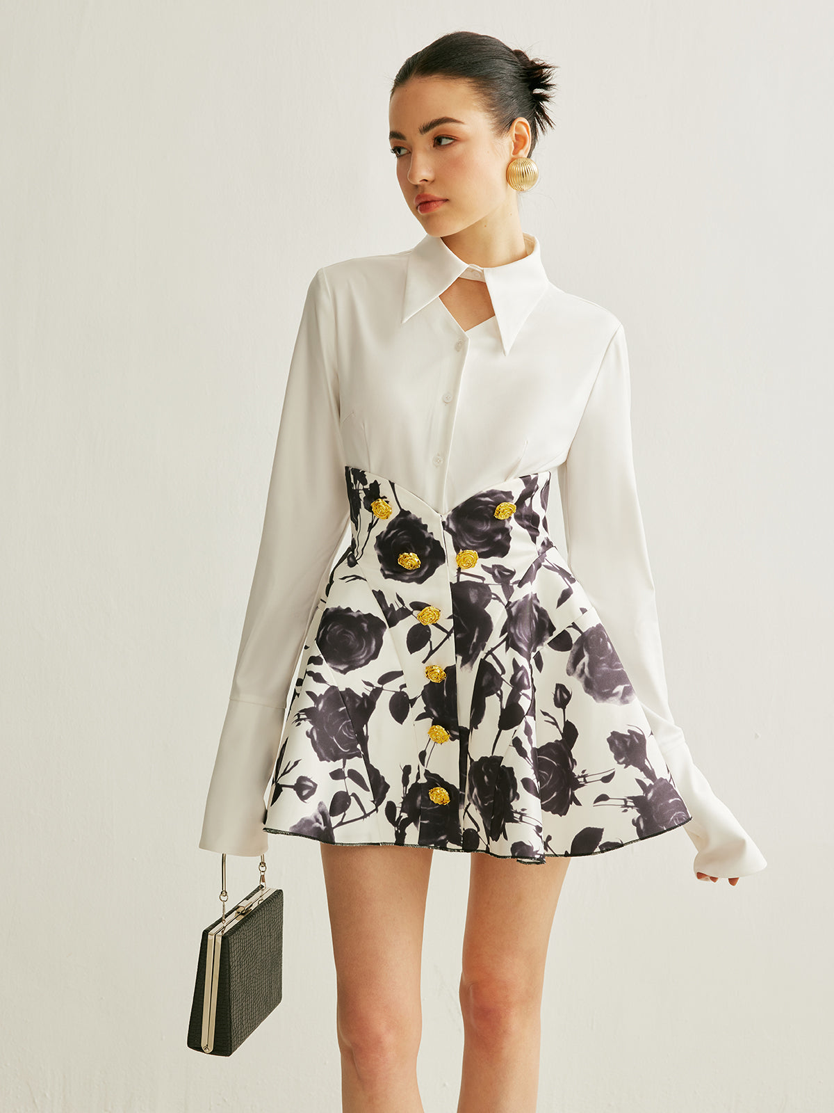 Floral Print Button-Detail Skirt-Chicvia