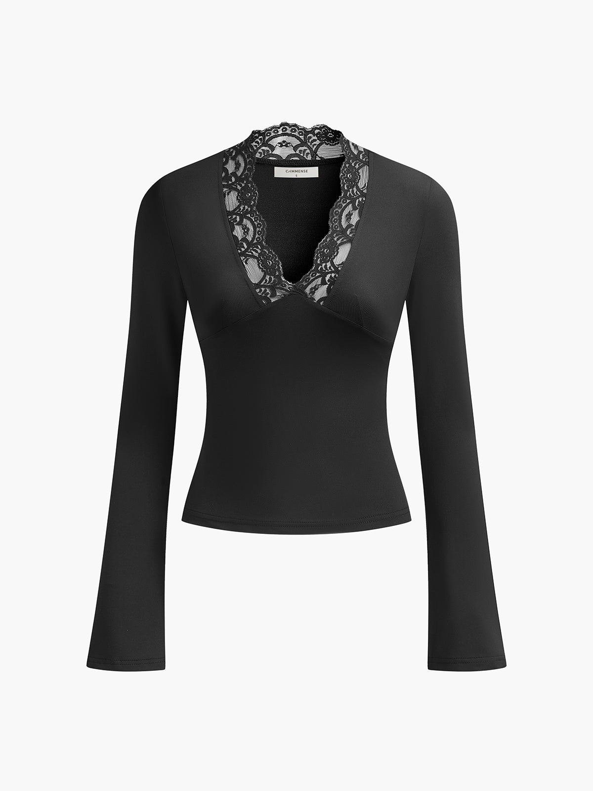 Lace Trim V-Neck T-Shirt-Chicvia