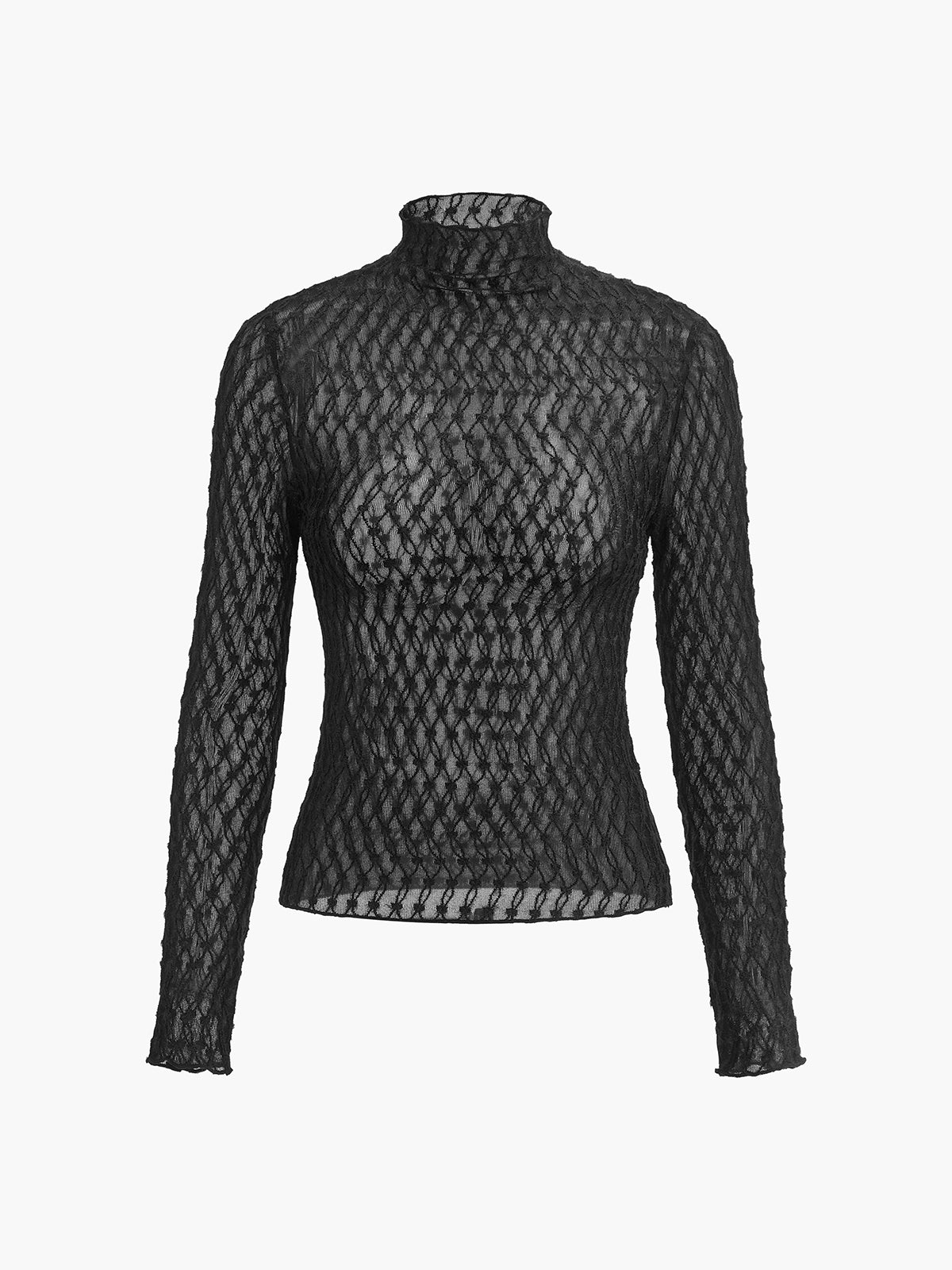 Mock Neck Semi-Sheer T-Shirt-Chicvia