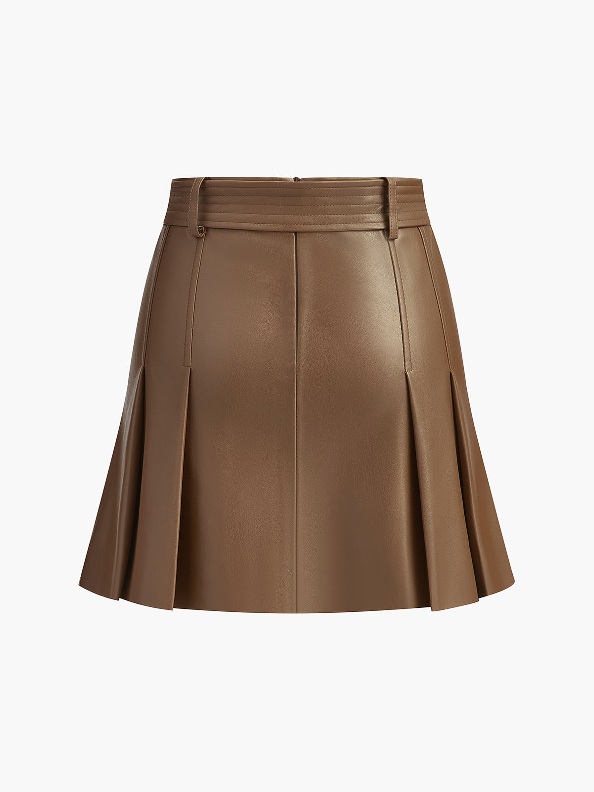 Faux Leather Pleated Skirt With Belt-Chicvia