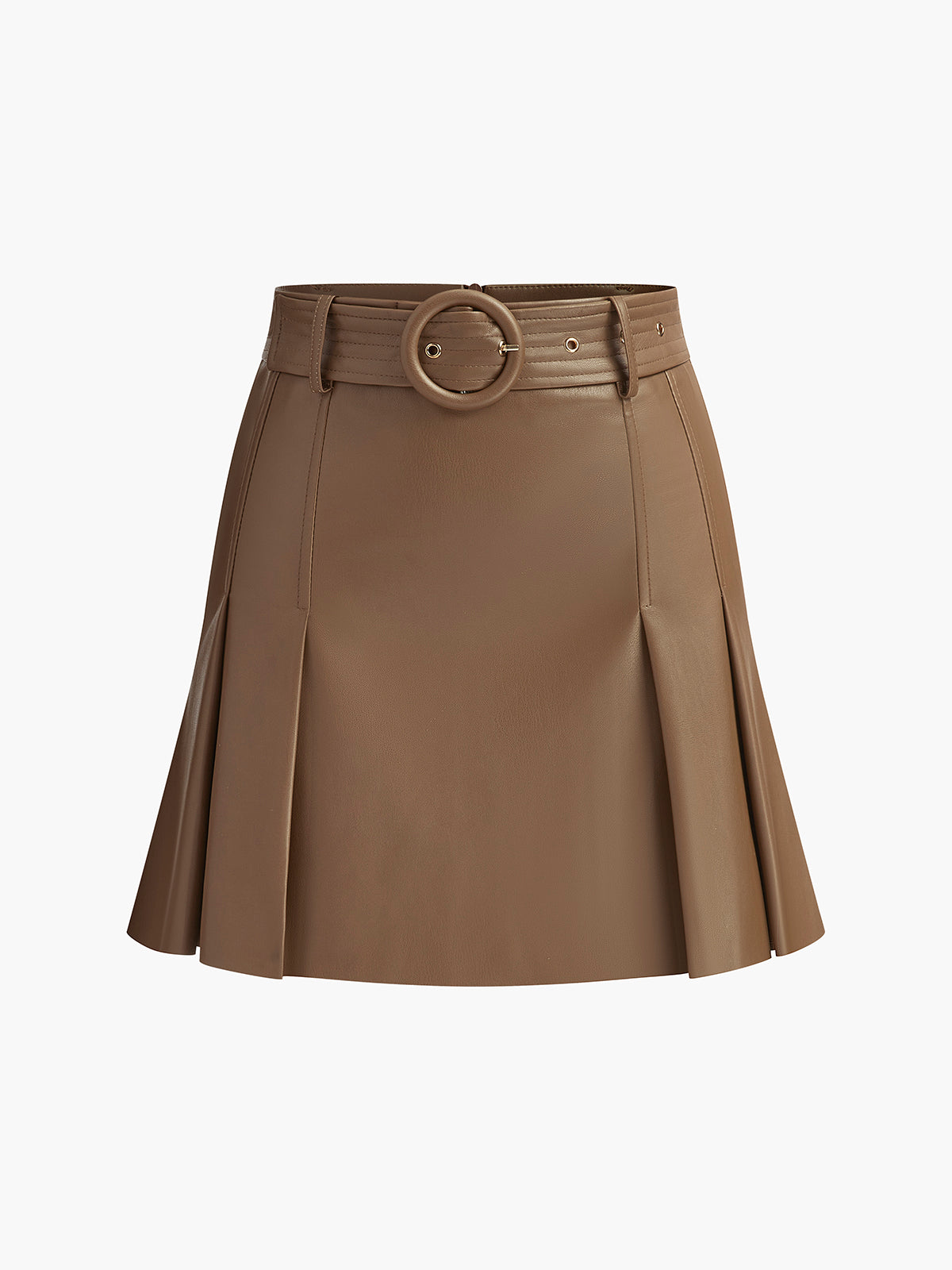 Faux Leather Pleated Skirt With Belt-Chicvia