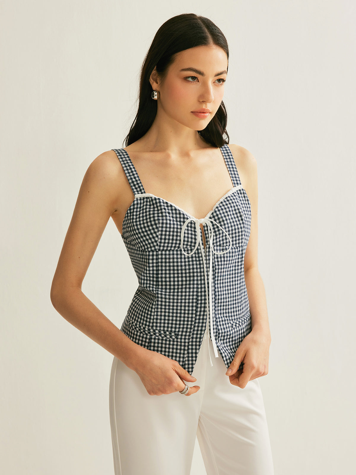 Plaid Tie-Front Sleeveless Top-Chicvia